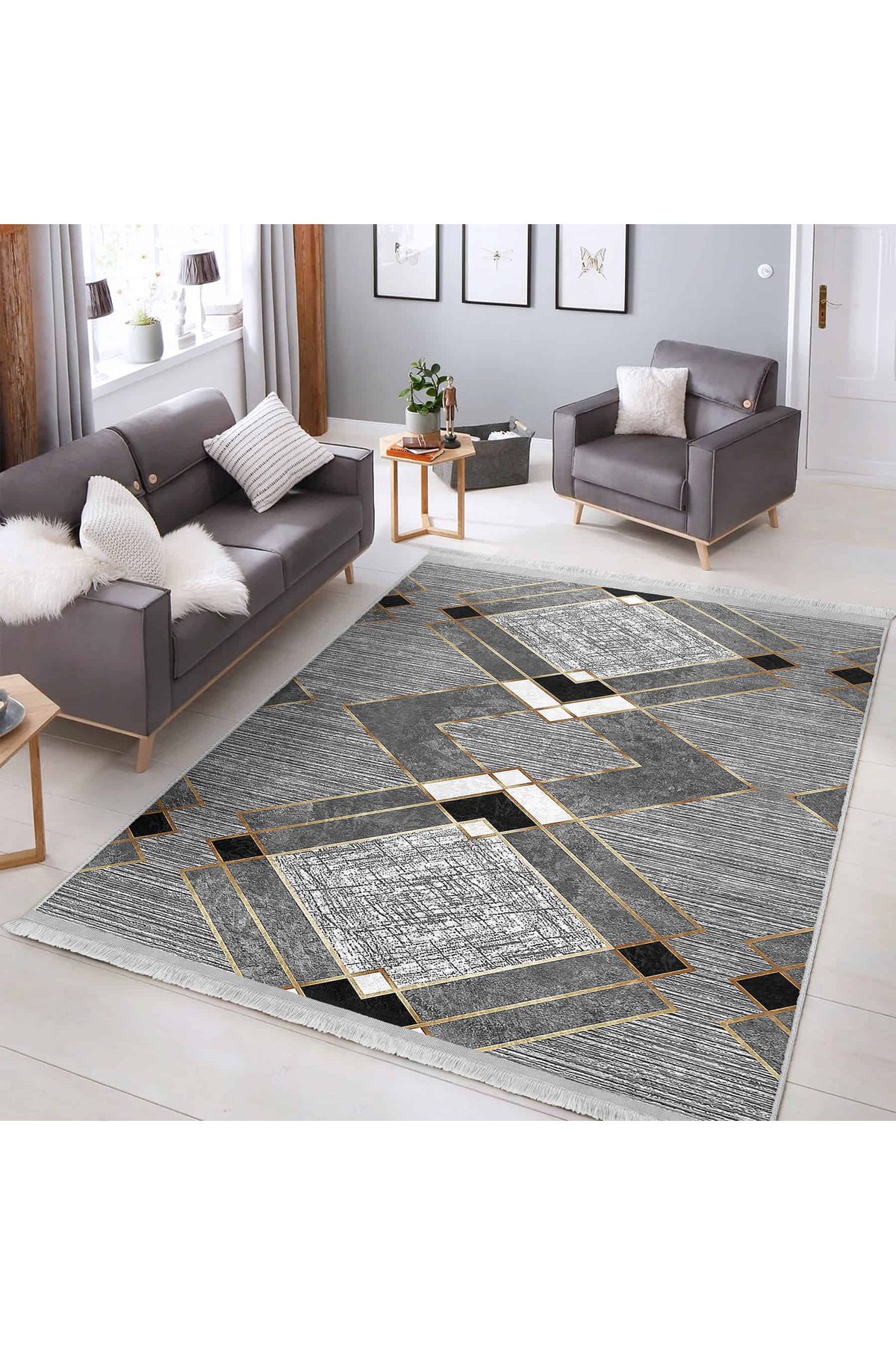 Realhomes Gri – Siyah ve Beyaz Geometrik Desenli Salon İçin Yıkanabilir Kaymaz Taban Halı