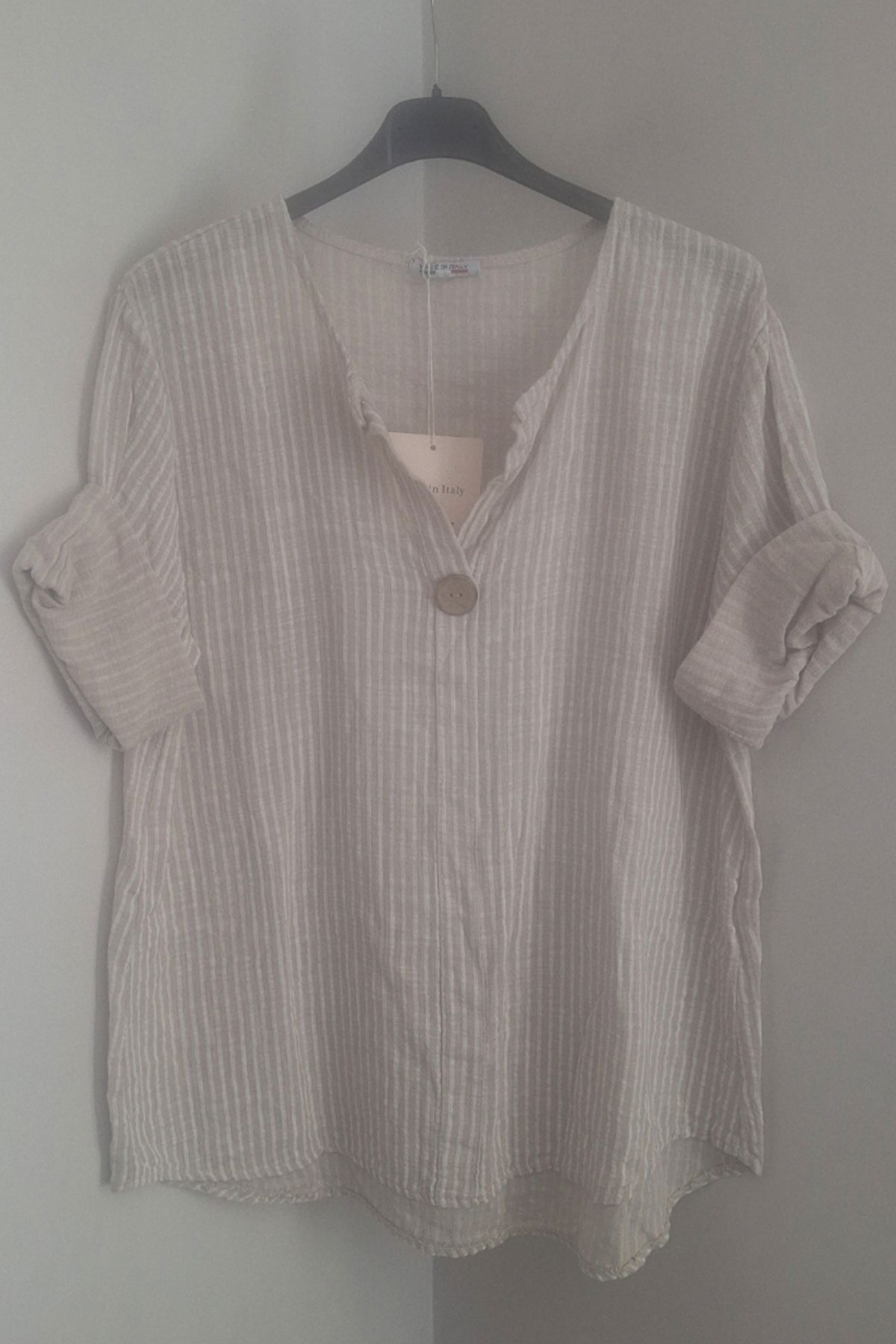 AYASOFYA OTANTIK Kadın Italyan Bej Çizgili 3/4 Kollu Oversize Salaş %100 Pamuk Bluz Tunik