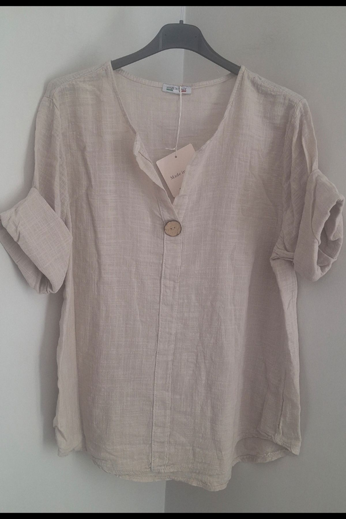 AYASOFYA OTANTIK Kadın Italyan Bej Düğme Detaylı 3/4 Kollu Oversize Salaş %100 Pamuk Bluz Tunik