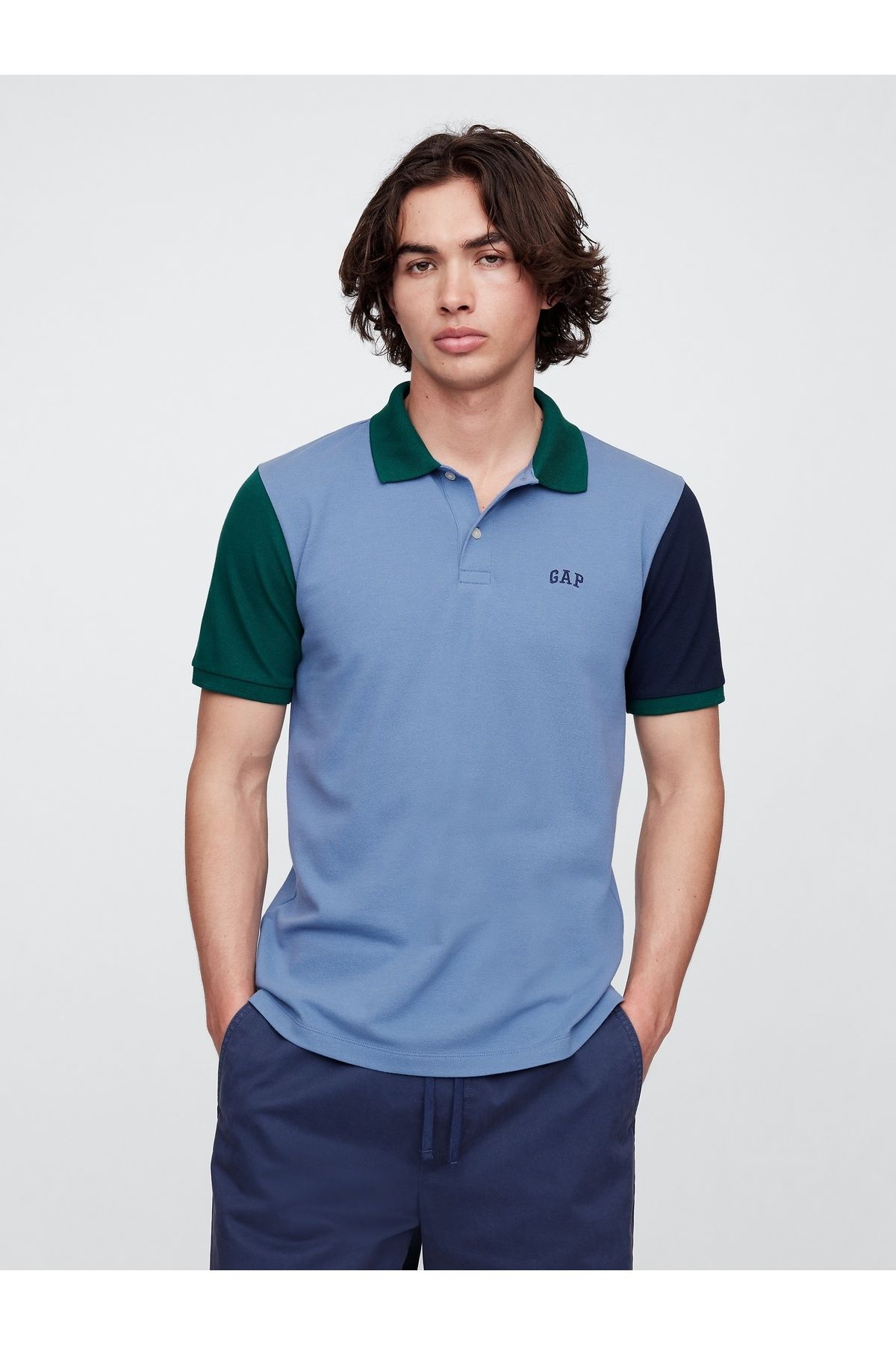 GAP Erkek Mavi Colorblock Stretch Pique Polo T-Shirt