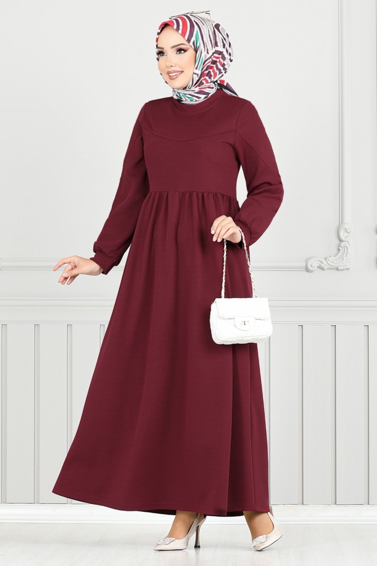 ModaMerve Bisiklet Yaka Tesettür Elbise 4331NFC915-M Bordo