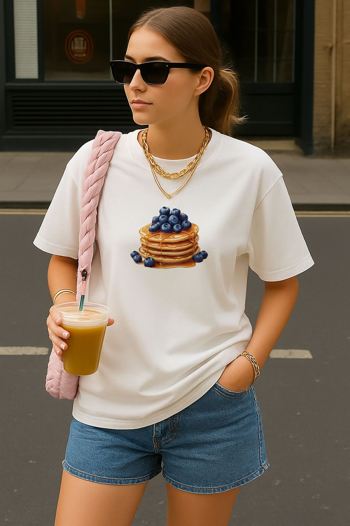 sielta Yaban Mersinli Donut Oversize Kadın Pamuklu Beyaz Tişört T-shirt