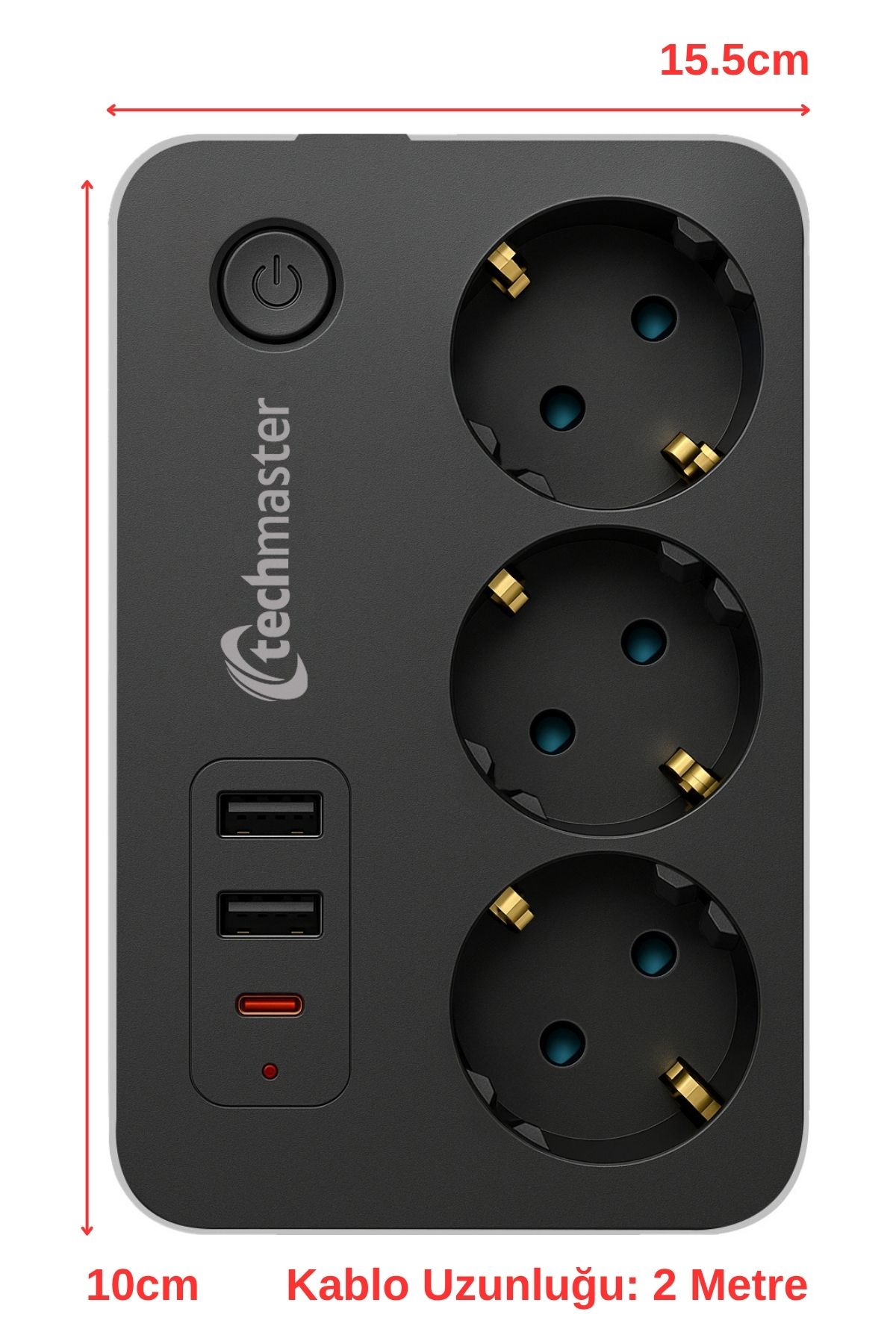 Techmaster-2 USB + Type-C حماية من التيار والحماية للأطفال 3 مقابس مربعة 2mt 5