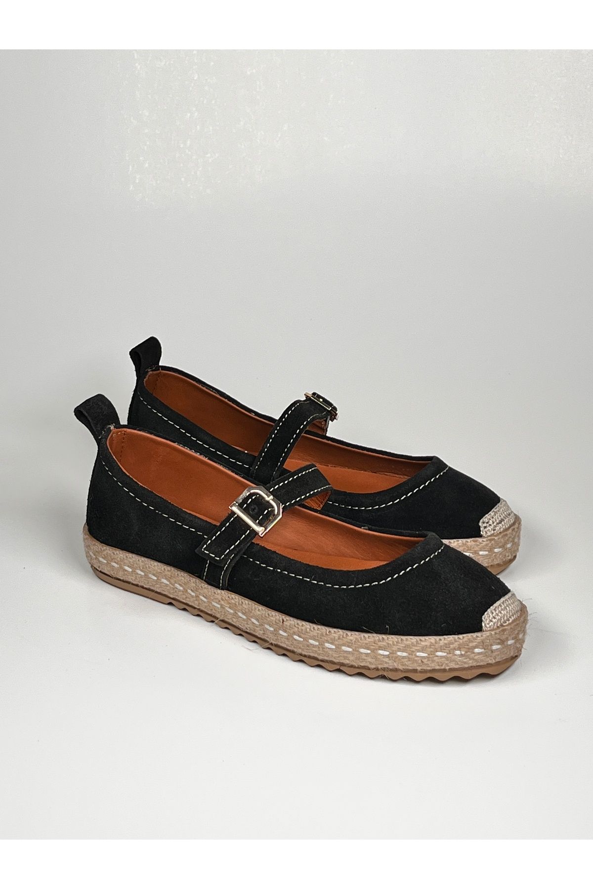 futsi shoes Siyah Hakiki Deri Şık Toka Detaylı Kalın Tabanlı Babet Espadril