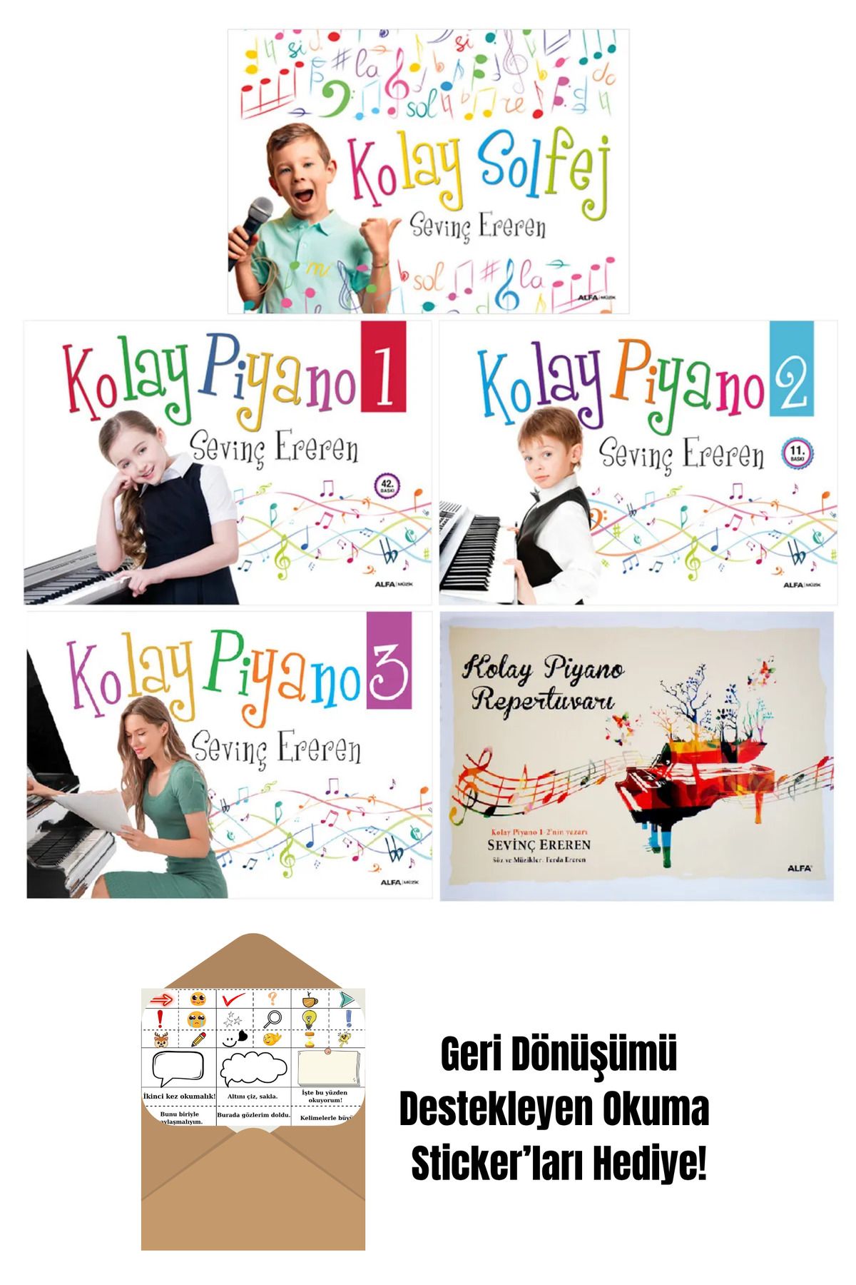 Alfa Yayınları Sevinç Ereren 5 Kitap Set / Kolay Piyano 1-2-3 + Okuma Sticker'ları