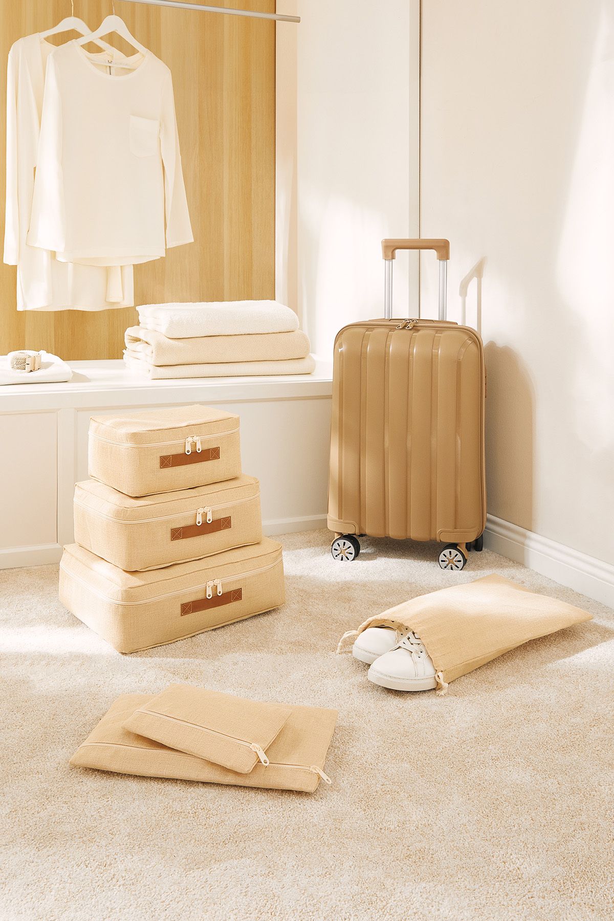 Ocean Home Textile 6'lı Jüt Keten Kumaş Valiz Düzenleyici Bavul İçi Organizer Set, Seyahat Hurcu