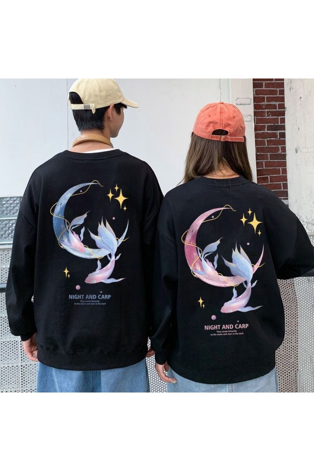 Boi Night And Carp Sevgili Çift Kombin - Siyah Baskılı Oversize Bisiklet Yaka Sweatshirt