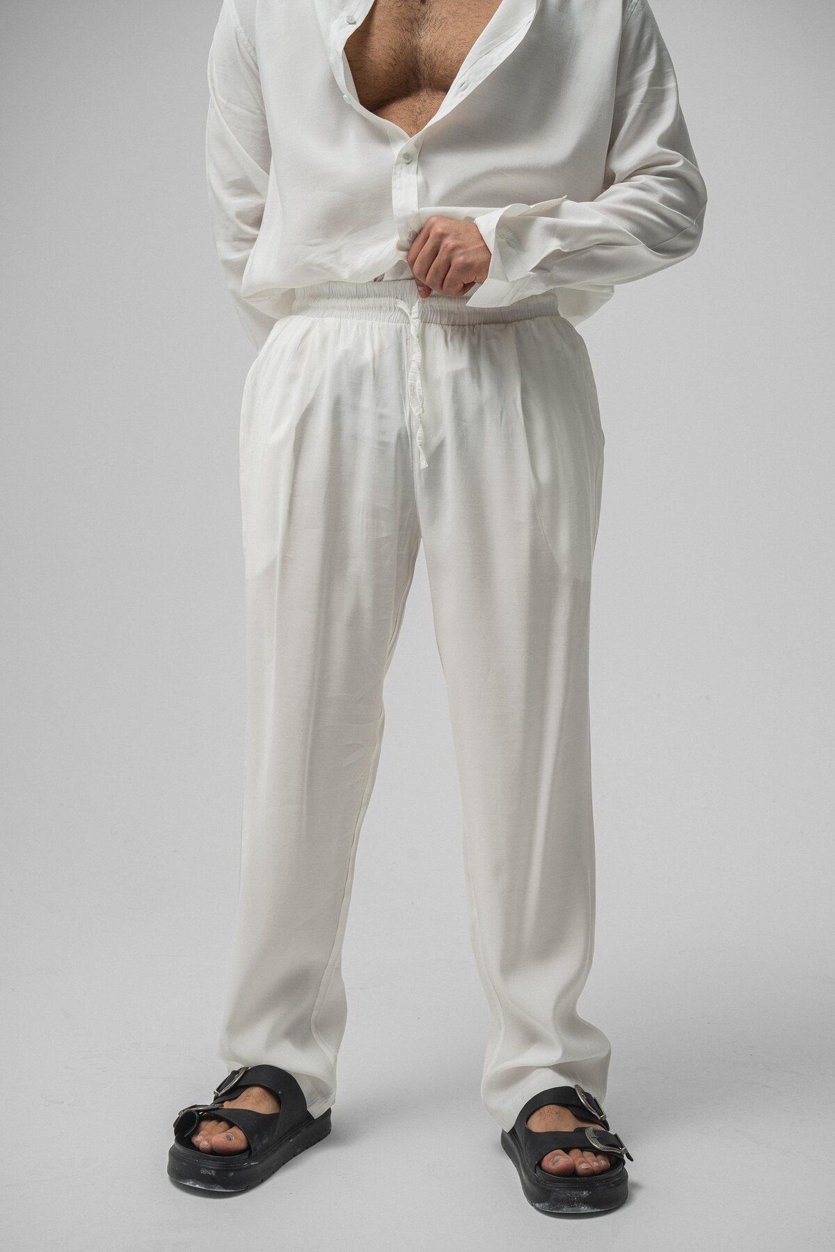 OUTFİT MAN Erkek Lyocell Kumaş Baggy Pant. Beyaz