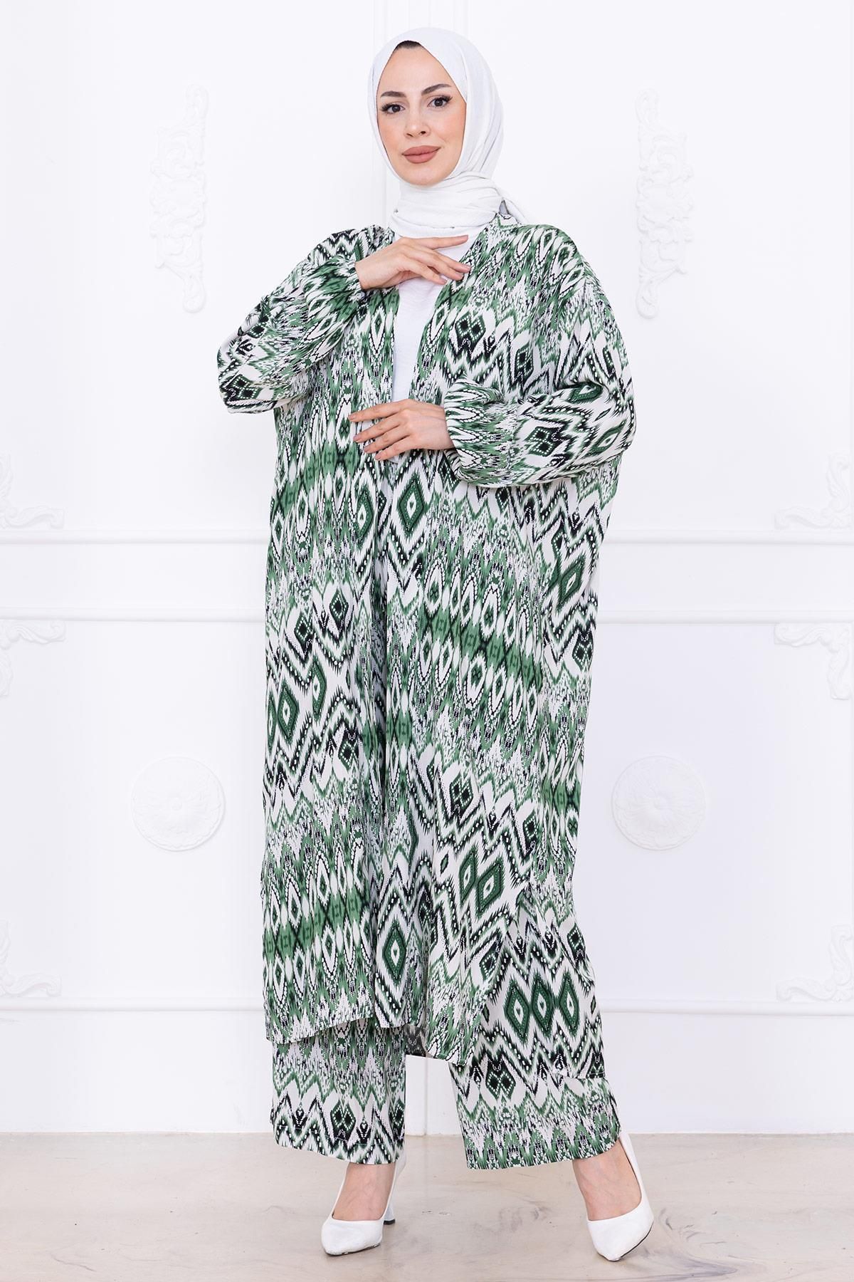 hafsamina Seva Desenli Viskon Kimono Takım Yeşil HM2762