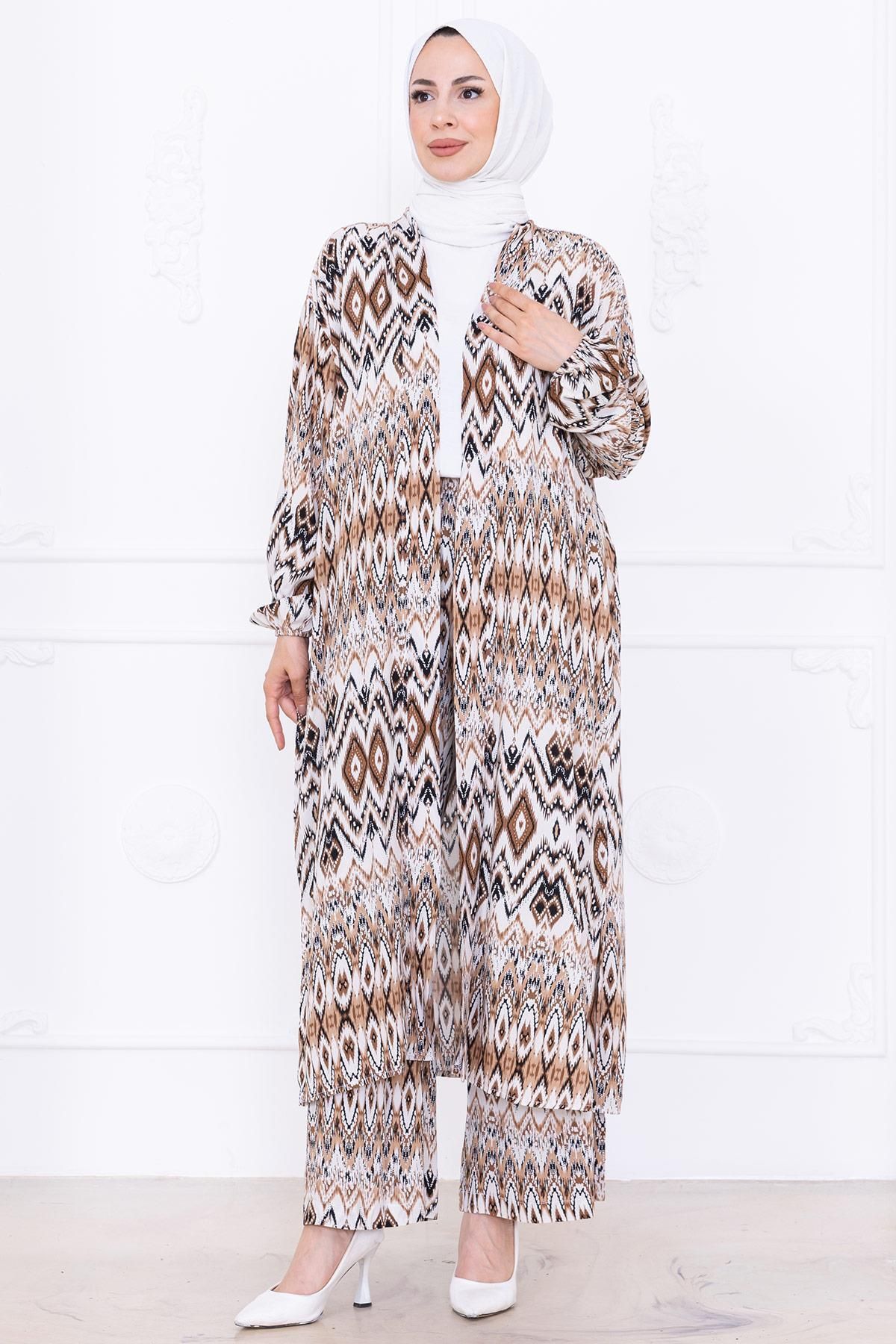 hafsamina Seva Desenli Viskon Kimono Takım Kahverengi HM2762
