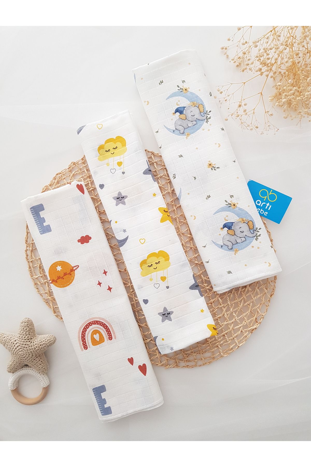 artıbebe 3’lü Müslin Örtü Seti | %100 Pamuk Müslin Bez | Bebek Kundak, Omuz Bezi, Emzirme Örtüsü | Artı Bebe