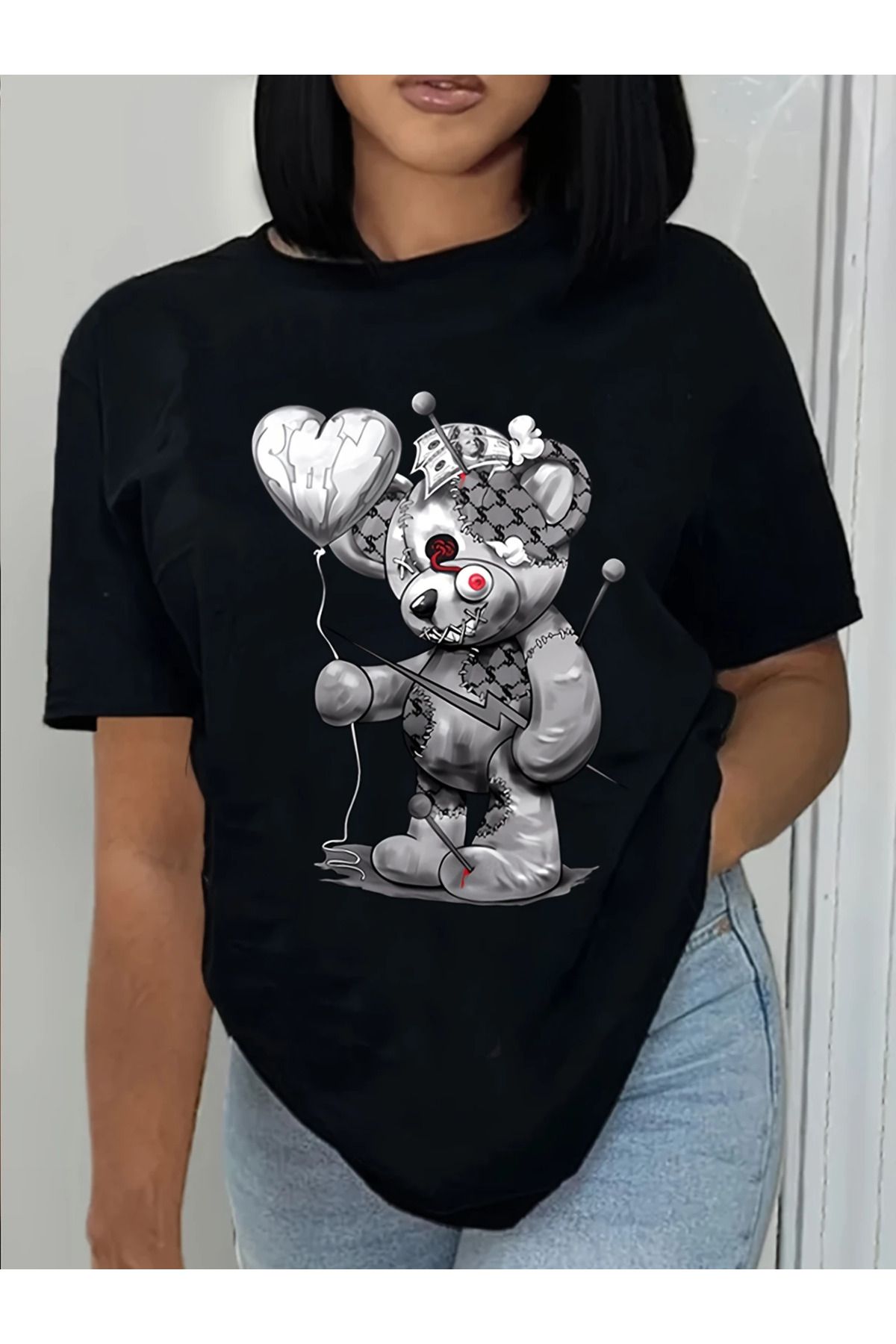 aynewmoda Kadın Anime Baskılı Viskon Tişört - Teddy Ayı ve Kalp Balon Tasarımı, Yuvarlak Yaka,