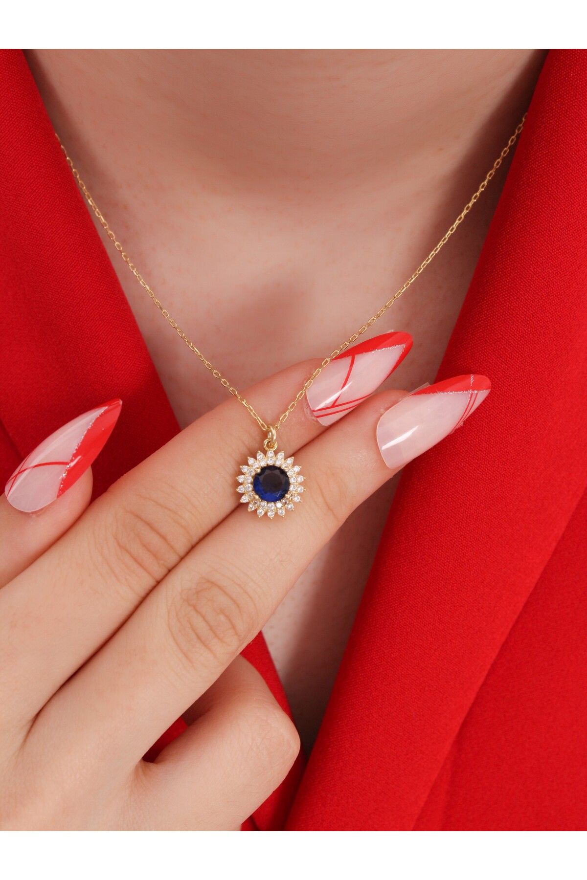 LİNOVE JEWELLERY Safir Güneş Kolye, 925 Ayar Gümüş Kolye, Safir Gümüş Kolye, Lacivert Kolye Sapphire Gümüş Kolye