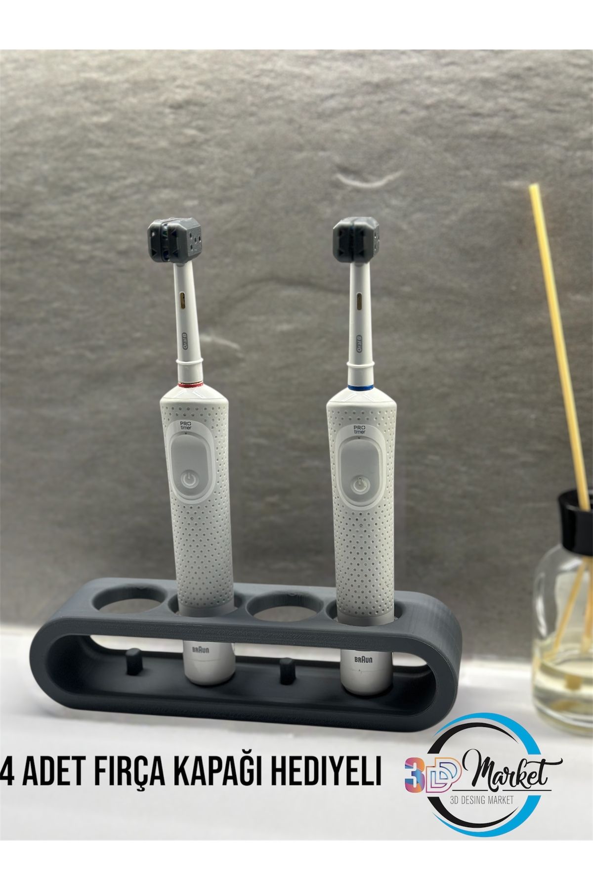 Wuun Store Şarjlı Diş Fırçası Tutucu Stand 4 Bölmeli Gri 4 Adet Fırça Kapağı Hediyeli