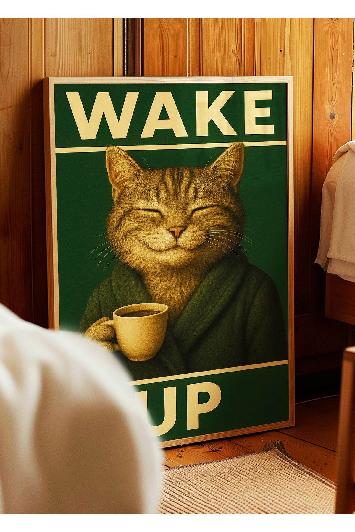 ARTHOUSECOLLECTIVE WAKE UP Kedili Poster – Kahve Temalı Mizahi Dekoratif Poster - Tablo Ölçülerinde Çerçevesiz Poster