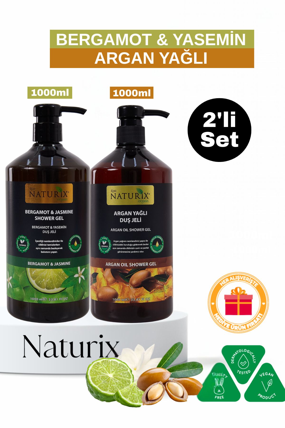Naturix Bergamot Yasemin & Argan Yağlı Duş Jeli 2'li Set Nemlendirici ve Ferahlatıcı Bakım - 2x1000ml