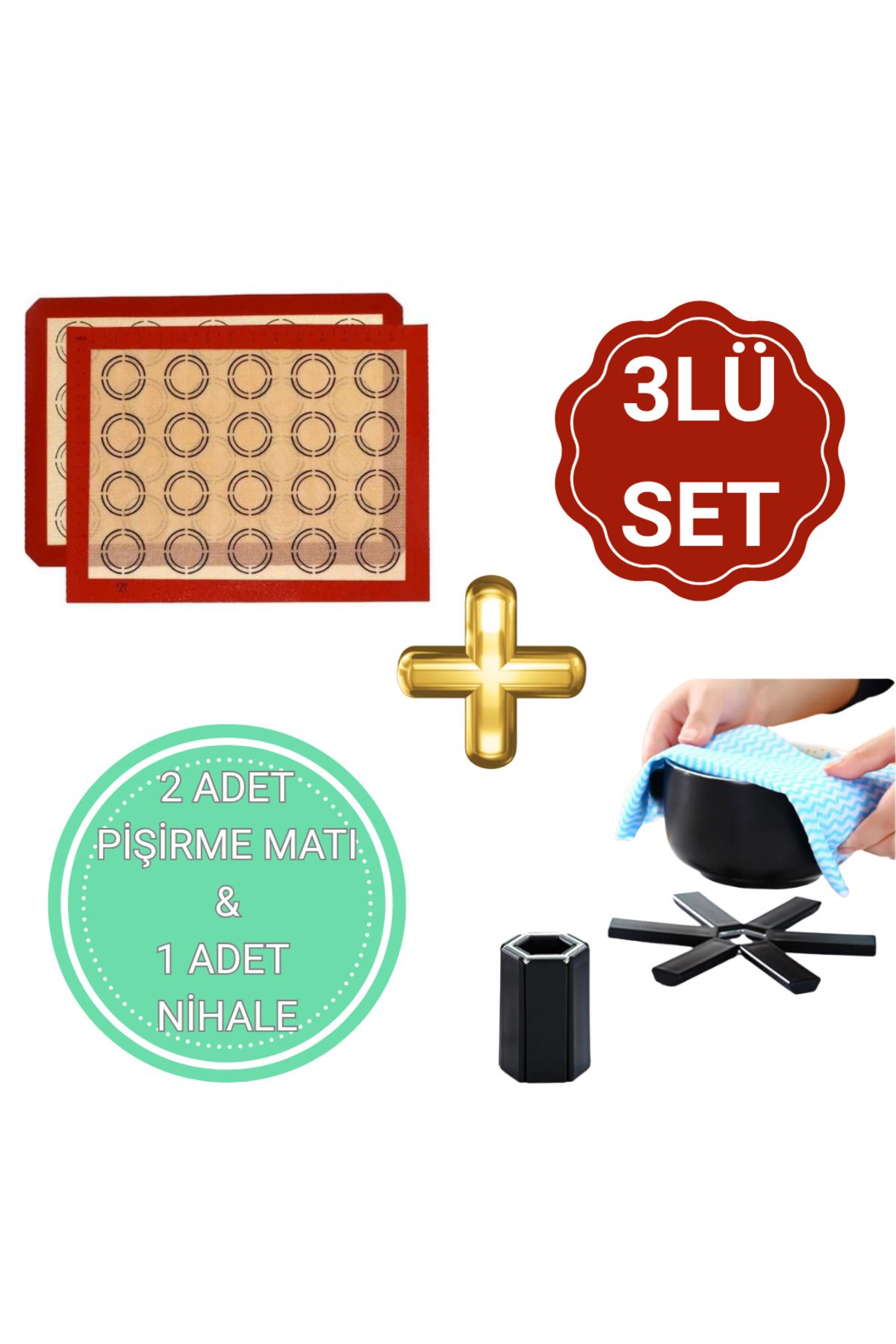 Oliva Nero 3'LÜ SET Katlanabilir Isıya Dayanıklı Nihale + 2’li Yapışmaz Silikon Pişirme Matı Seti