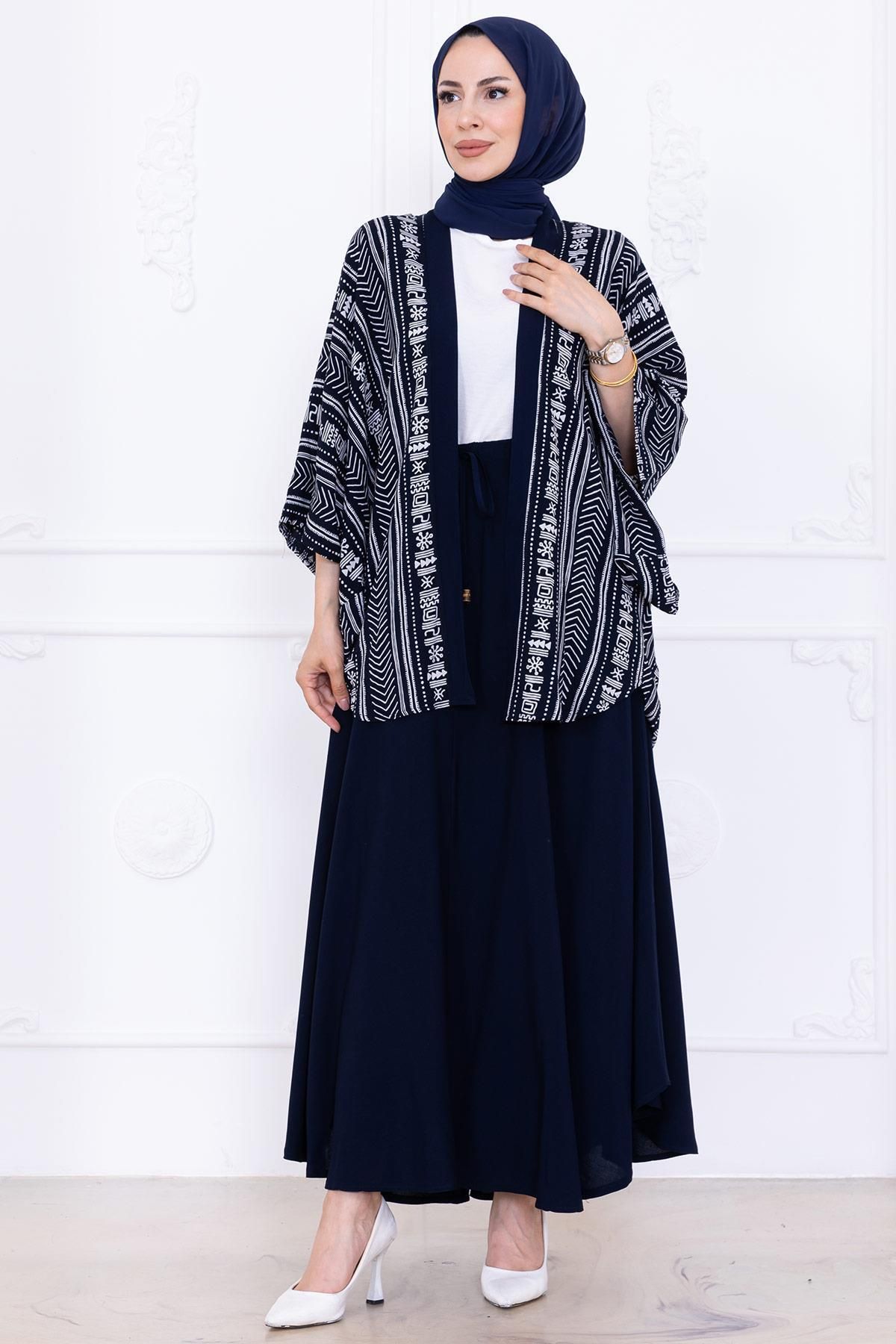hafsamina Desenli Etekli Kimono Takım Lacivert HM2766
