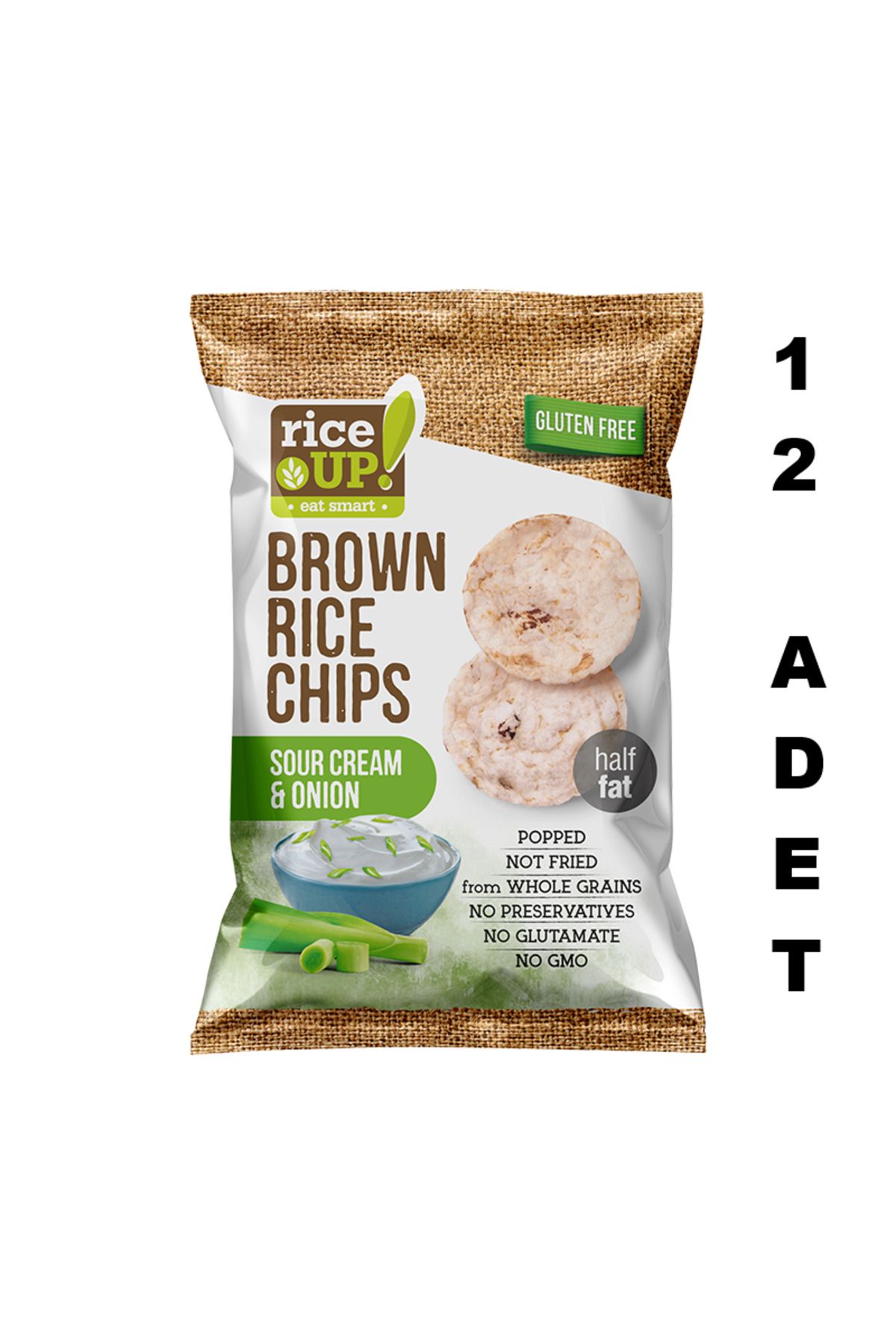 Rice Up 12 Adet Glutensiz Sour Cream and Onion, Brown Rice Chips 60g