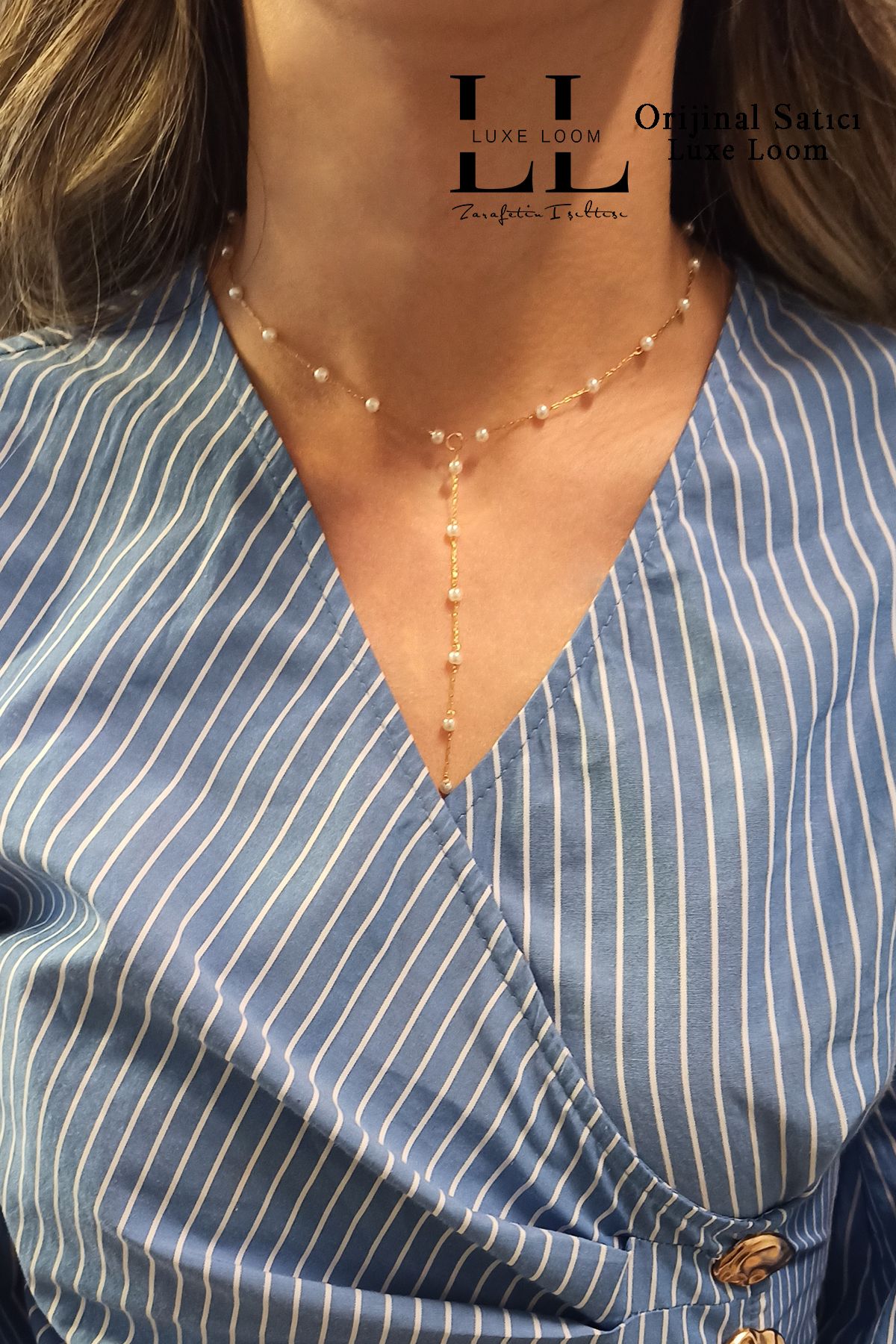 Luxe Loom Zarafetin Işıltısı Kadın Kararmayan Çelik Gold Zarif İncili Y Kolye 001