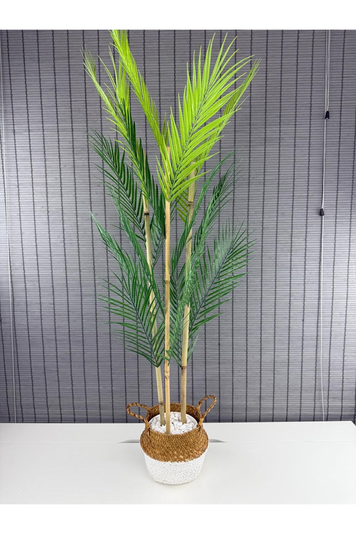 Bahçem Dekoratif Yapay Yapraklı Natural-Beyaz Hasır Bambu Sepetli Areka Palmiye Ağacı 3 Gövde 120cm