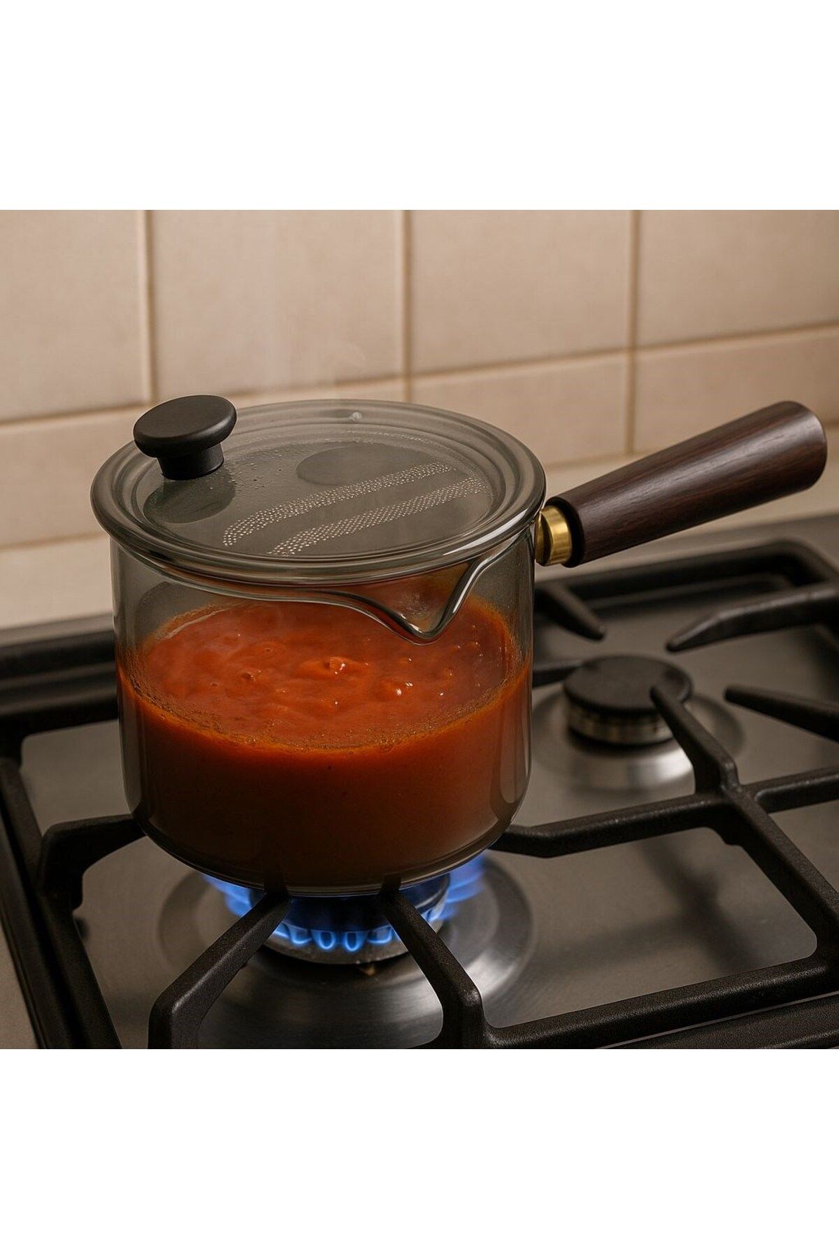 Qerhome Borosilikat Cam Akasya Saplı Cam Kapaklı Minichef Sosluk Füme 550 Ml