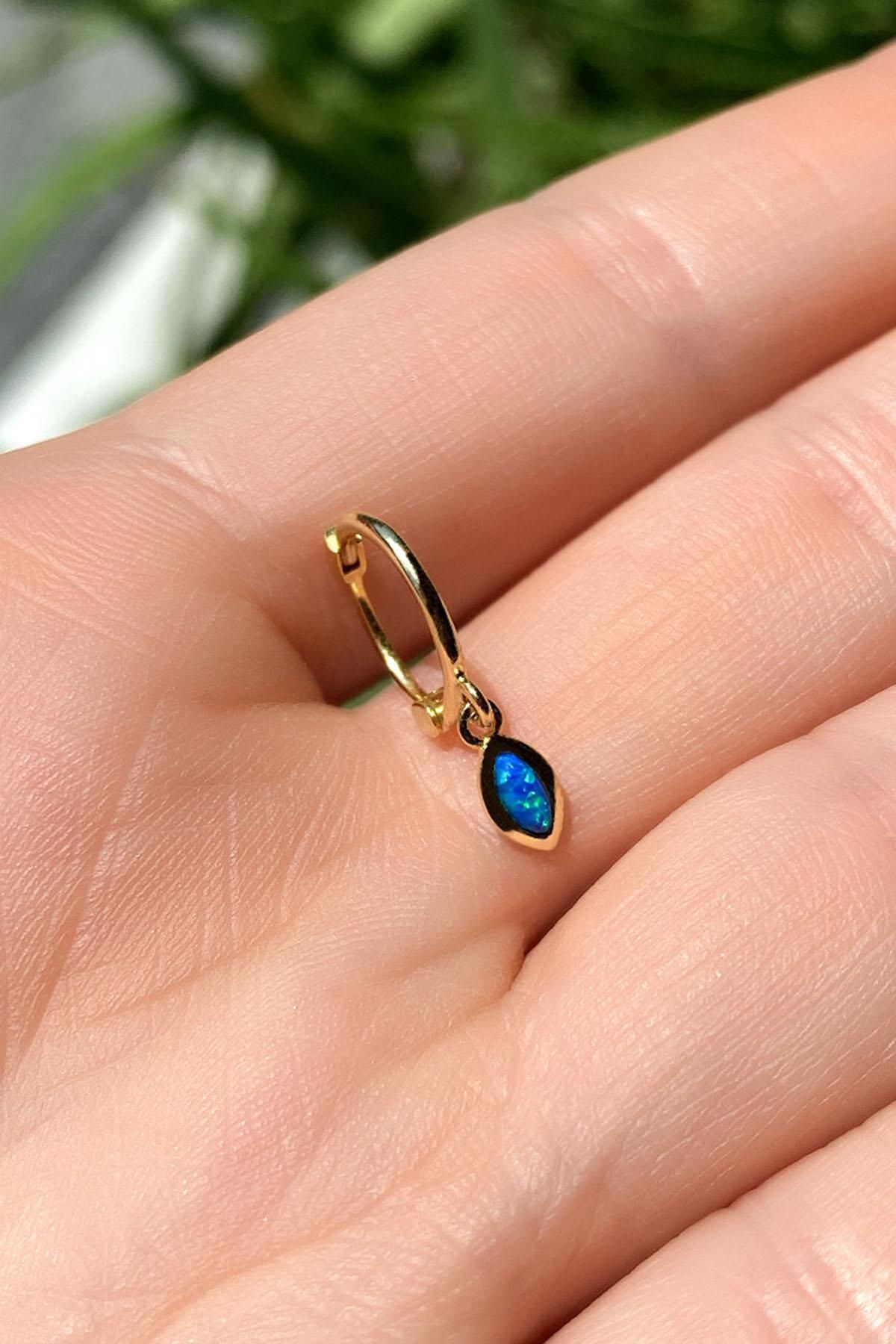 Spossy Silver Jewelry Opal Taşlı Badem Kesim Halka Piercing Küpe