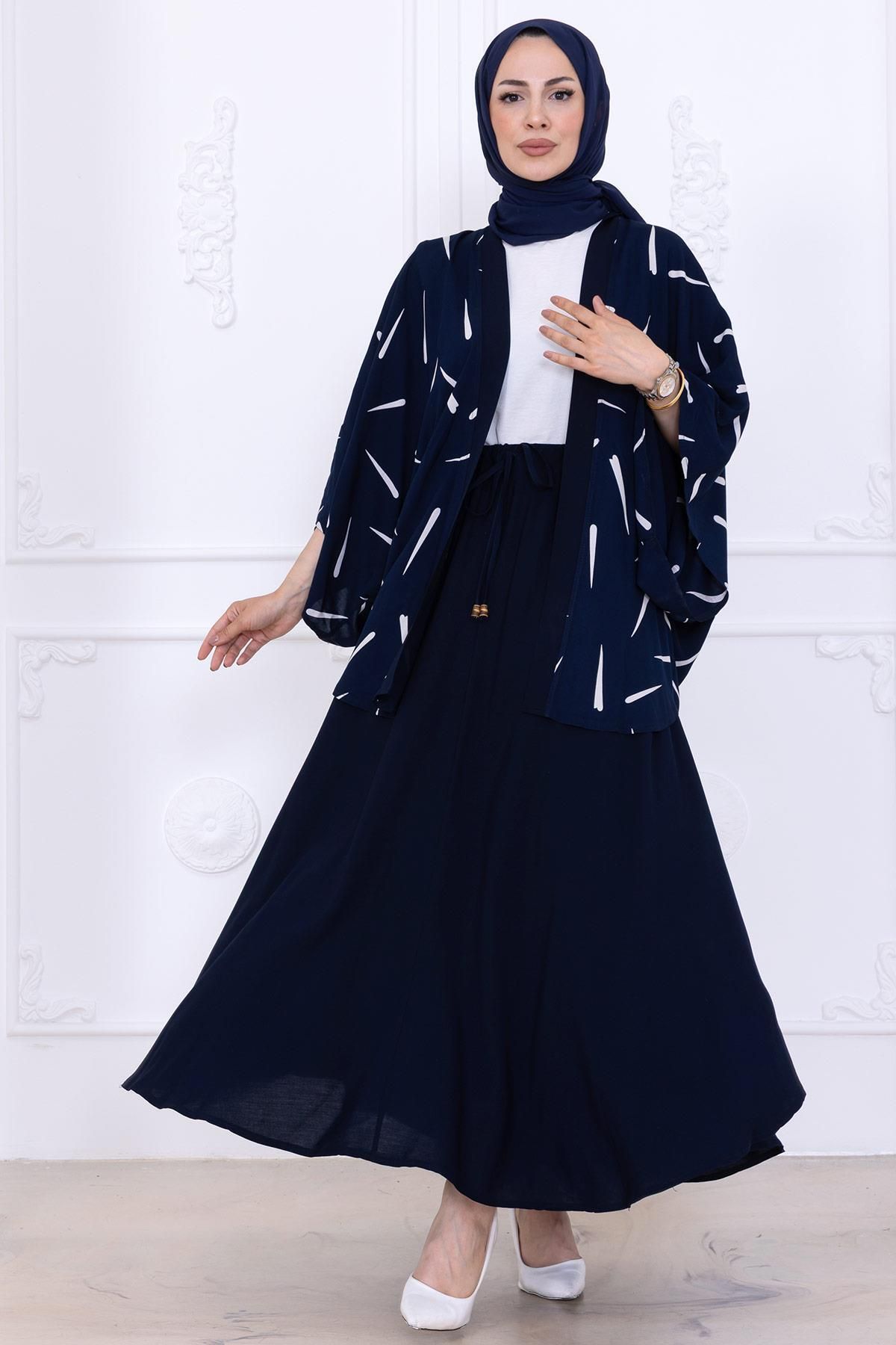 hafsamina Desenli Etekli Kimono Takım Lacivert HM2767