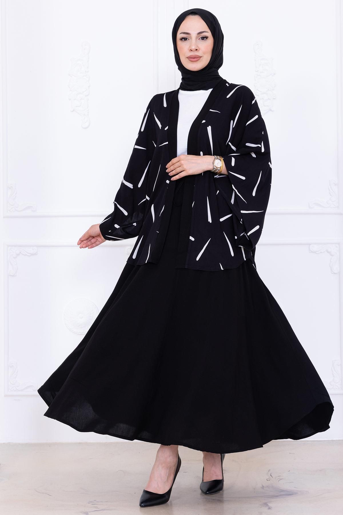 hafsamina Desenli Etekli Kimono Takım Siyah HM2767