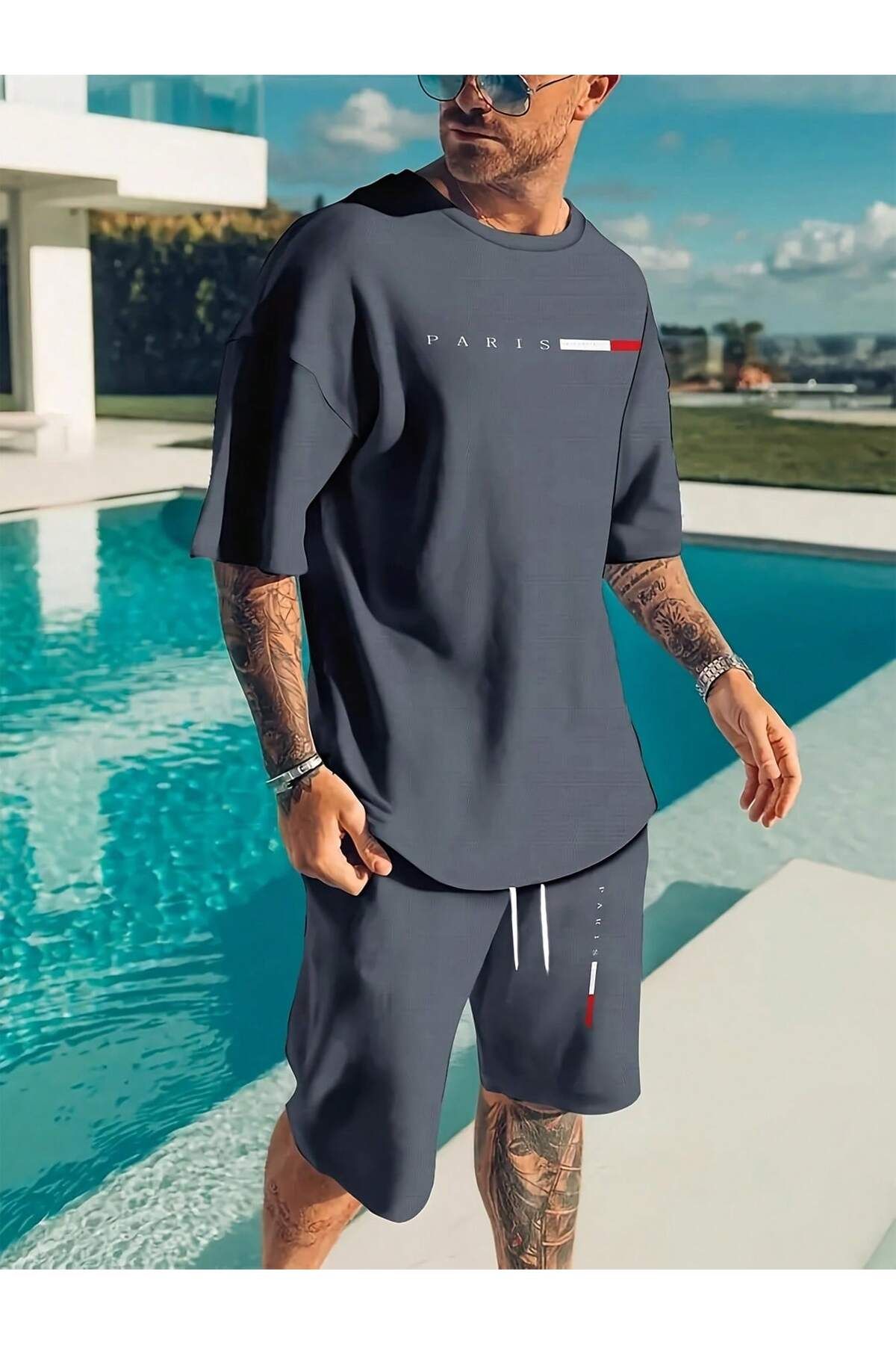 ACTIVE MODA -ERKEK KISA KOLLU PAMUKLU BASKILI TSHIRT-ŞORT TAKIMI 2Lİ