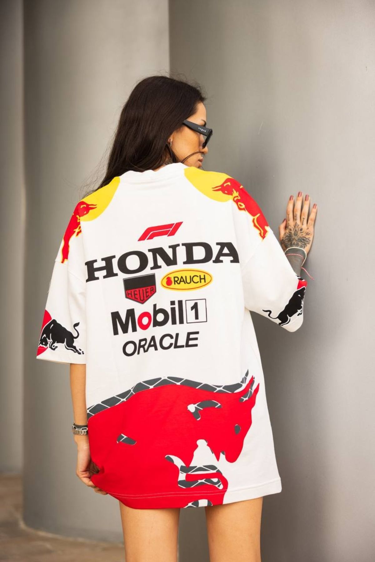 Chirkef Unisex Oversize 100% Pamuk Premium Kumaş Sırt Baskılı Bisiklet Yaka Sokak Stili T-Shirt Racing