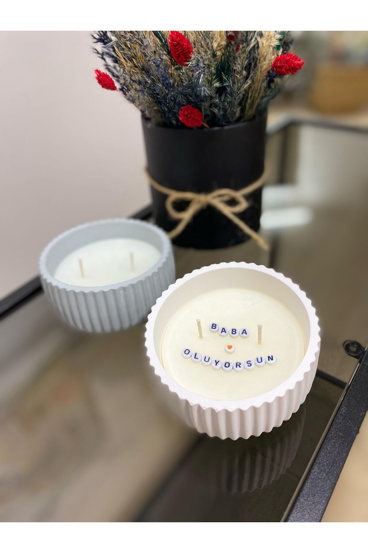 NİLCANDLE Kişiye özel/gizli mesajlı taş mumlukta kahve kokulu doğal soya mumu.