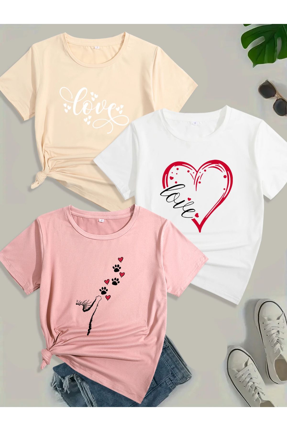 aynewmoda 3 Kadın Kısa Kollu Tişört, Kalp Baskılı Yaz Yuvarlak Yaka Tişörtler, 3 Adet 1200 TL