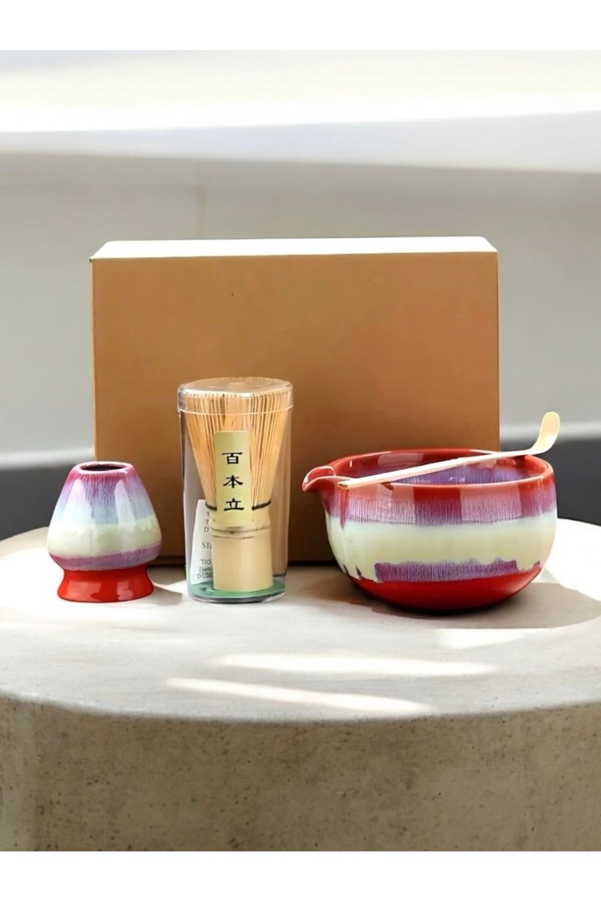 Lumiere Home Japon Matcha Çayı Seti 4 Parça - Bambu Whisk, Seramik Kase, Whisk Tutucu, Bambu Kaşık