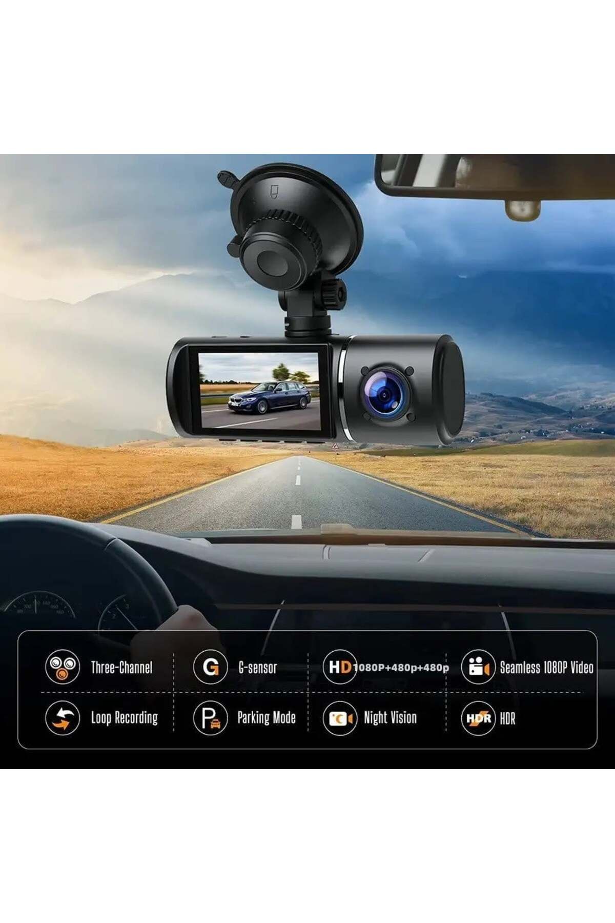 INNOVIX-1080p Dash Cam, 3 Lenses, 170° View, 2.45" IPS, Night Mode, G-Sensor, Loop, SD up to 64GB 6