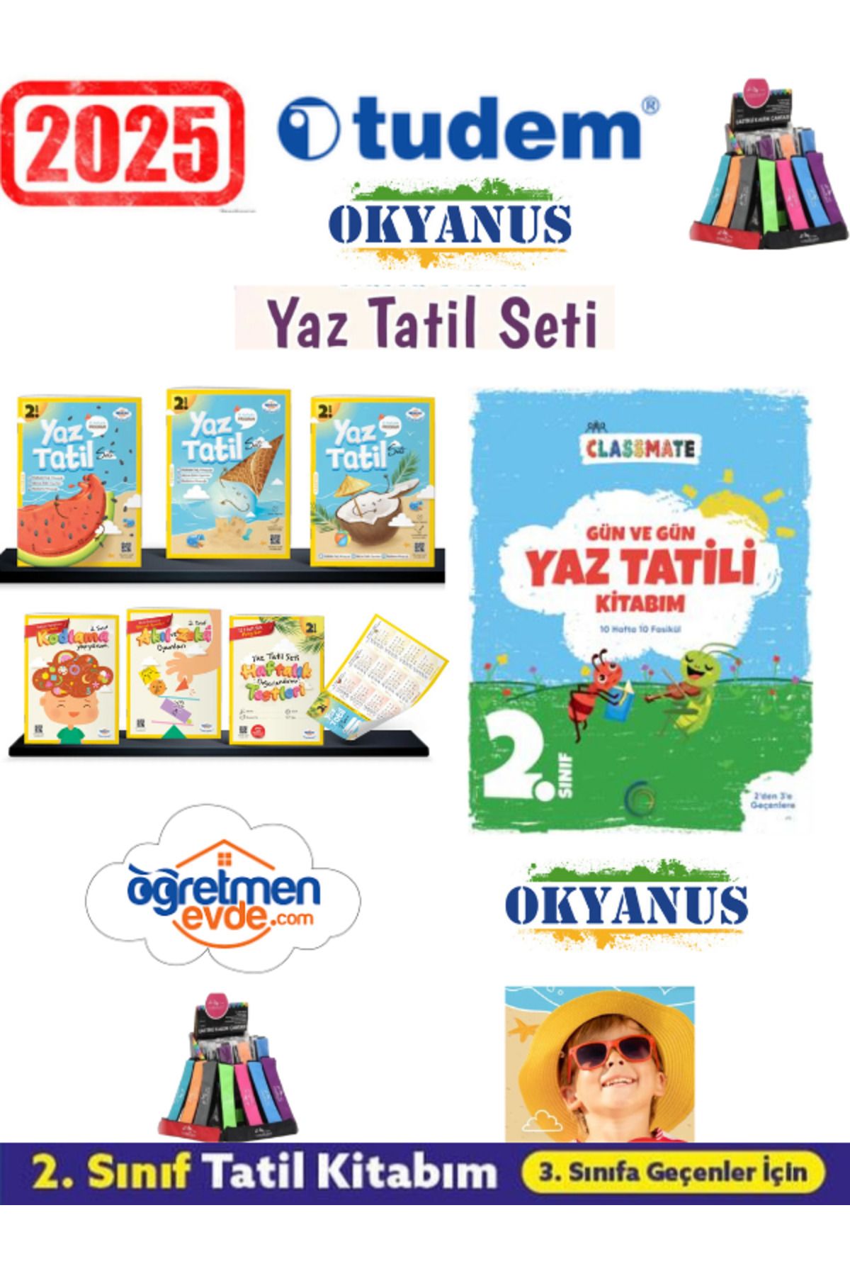Fenomen Yayıncılık Öğretmen Evde 2025 2.Sınıf 18 Parça Yaz Tatil+Okyanus 2.Sınıf Yaz Tatil 12 Kitap(Yeni Ürün)+Kalemlik