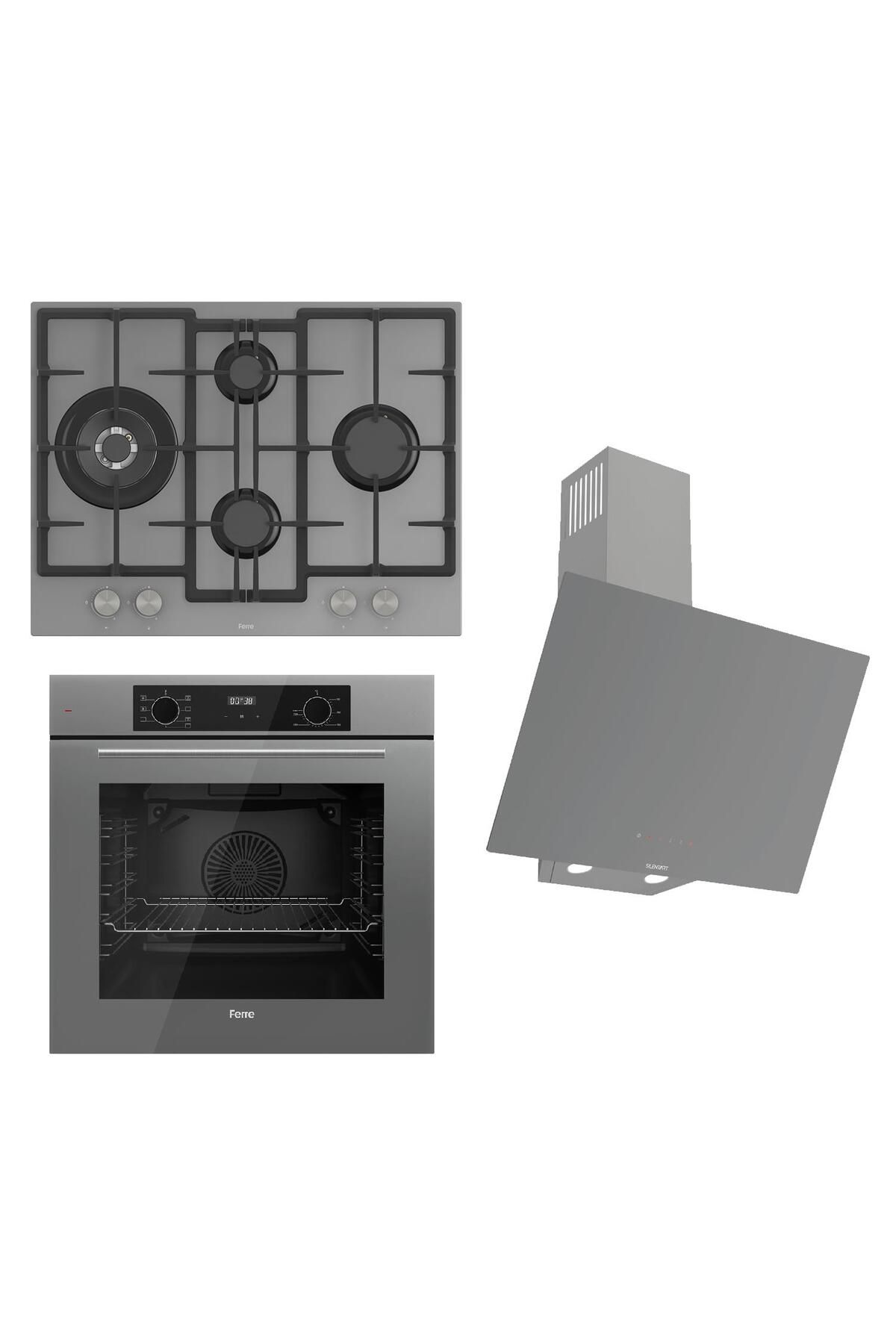 Ferre FLOWART-SILENTART Serisi Gri Set (ED078 + QEP63CPR +D079-SA ) - Döküm Izgara / 67 cm Ocak
