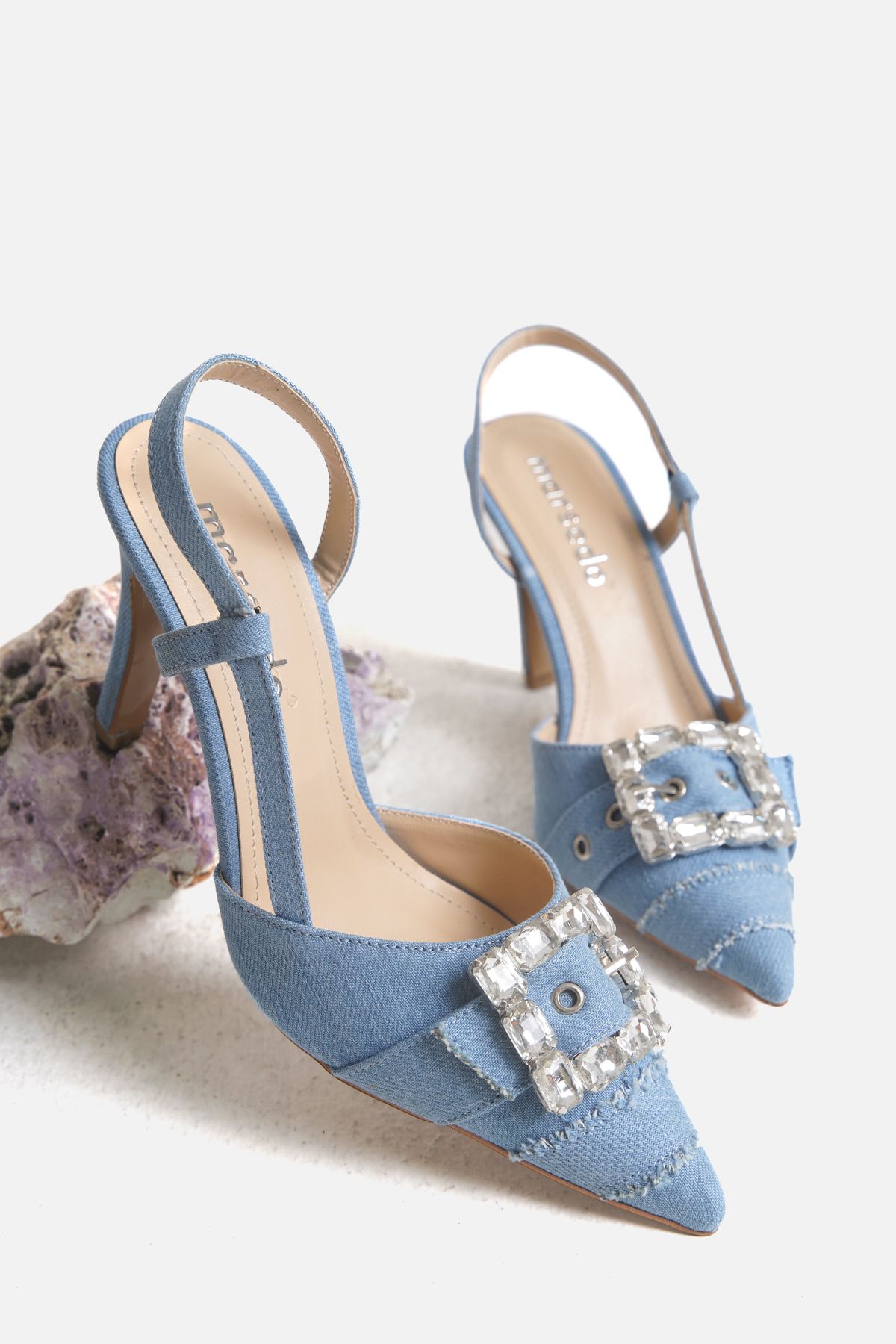 MARSEDO Lero Kadın Stiletto İnce Topuk Taş Detaylı Denim Günlük Ayakkbı