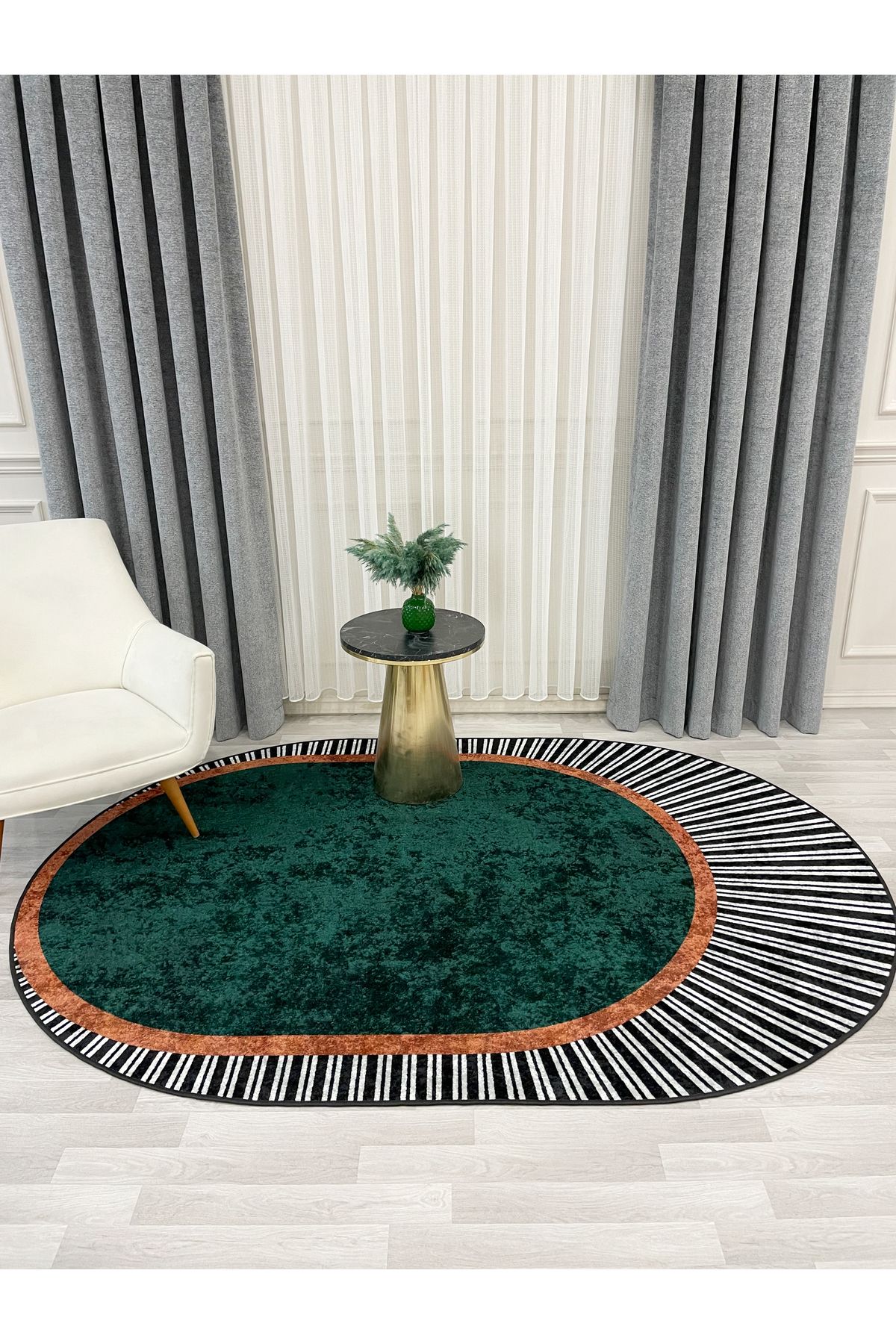 Brillant YEŞİL Renk Çizgili Oval Kaymaz Taban Halı