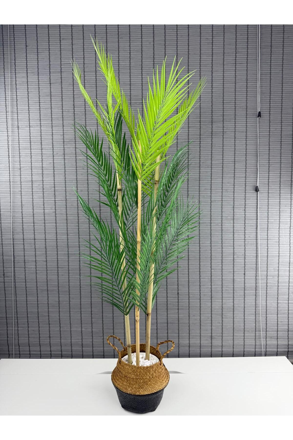 Bahçem Dekoratif Yapay Yapraklı Natural-Siyah Hasır Bambu Sepetli Areka Palmiye Ağacı 3 Gövde 120cm