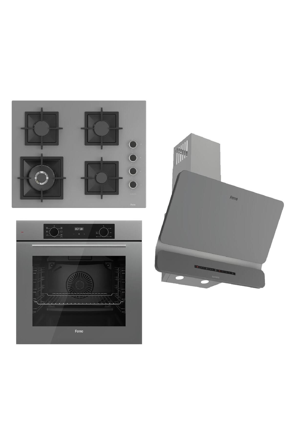 Ferre FLOWART-SILENTART Serisi Gri Set (SC408-WFA + QBL63CPR +D082-SA ) - Döküm Izgara / 65 cm Ocak