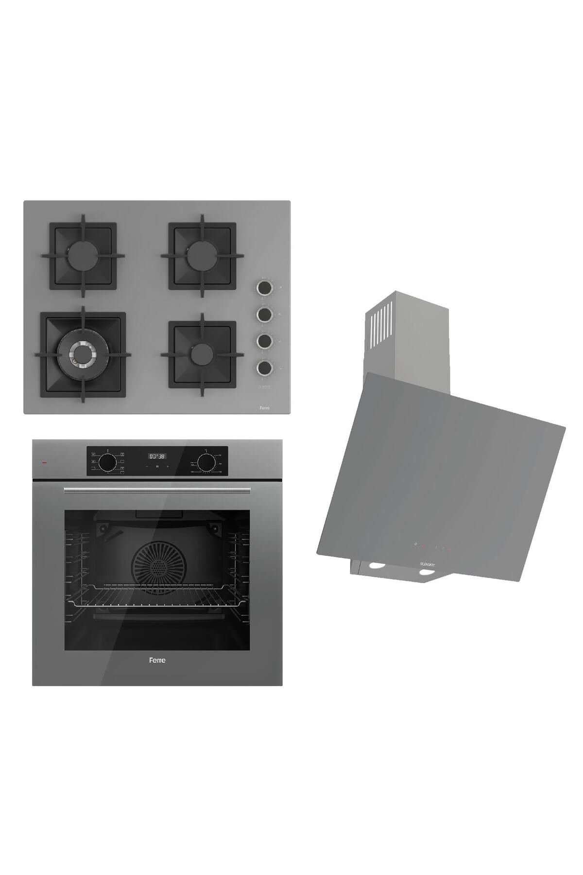 Ferre FLOWART-SILENTART Serisi Gri Set (SC408-WFA + QBL63CPR +D079-SA ) - Döküm Izgara / 65 cm Ocak