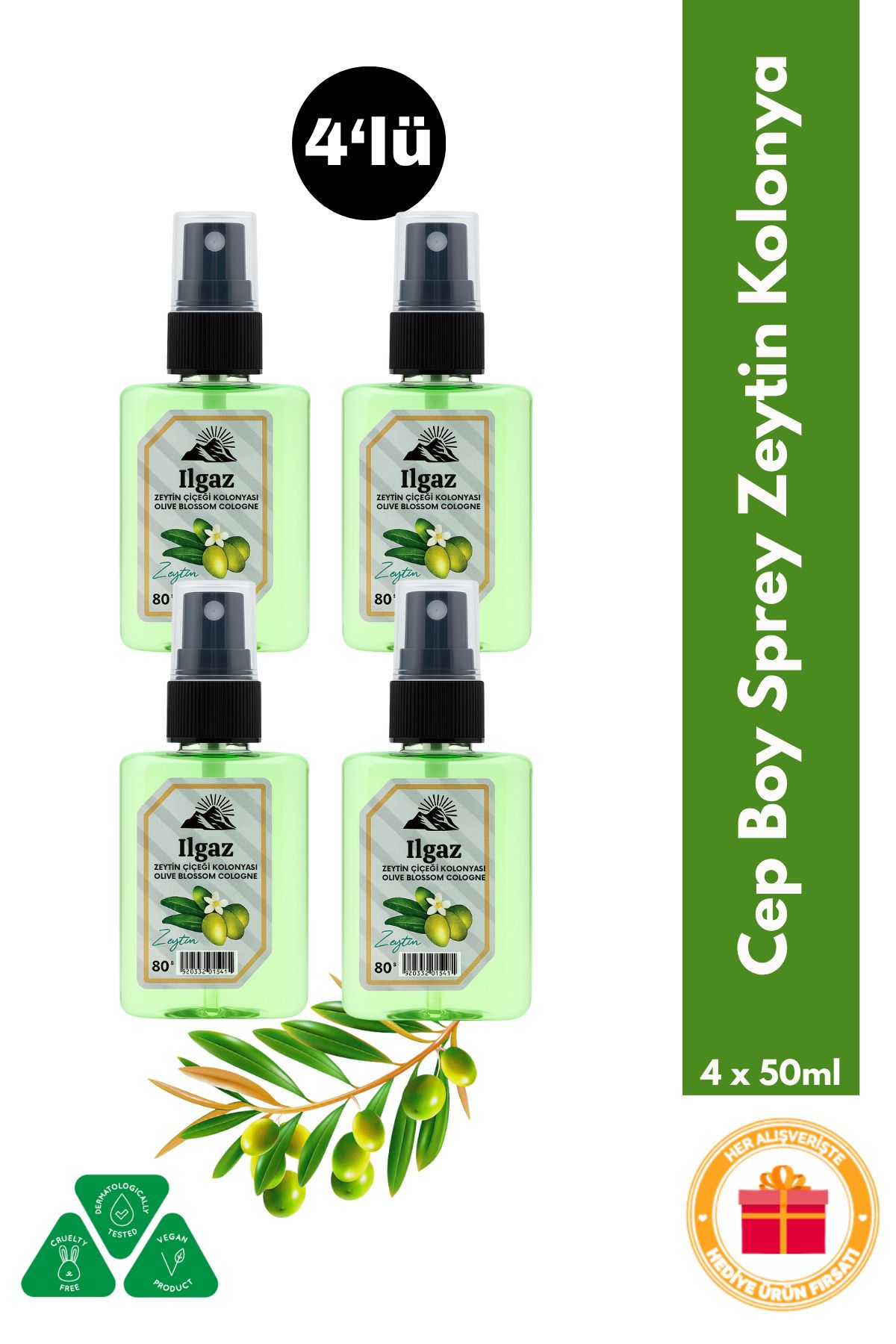 ILGAZ Zeytin Çiçeği Sprey Kolonya Cep Boy Elegance Series 4'lü Eko Paket - 4x50 ml