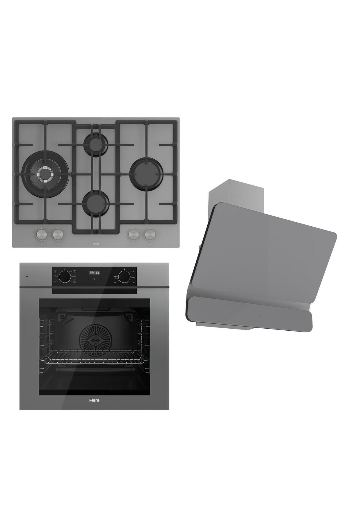 Ferre FRYART Serisi Gri Set (ED078 + QEP63CPR +D082 ) - Döküm Izgara / 67 cm Ocak