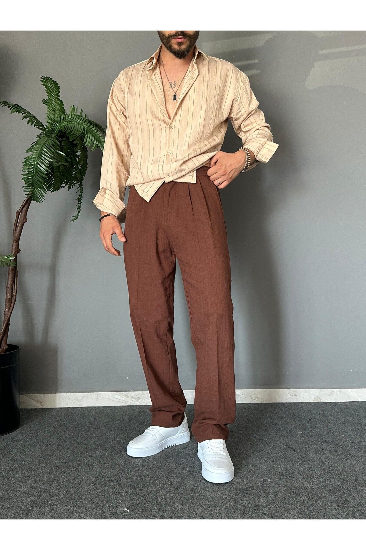 THEMANN Yüksek Bel Keten Kumaş Kahve Baggy Pantolon