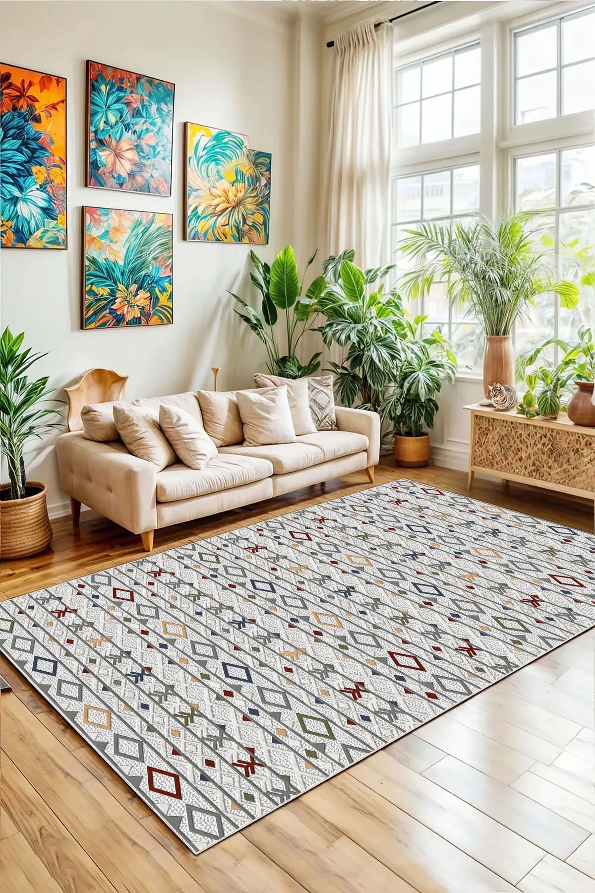 Hülya Home Salon Halısı Geometrik İskandinav Eskitmeli Dijital Baskı Yıkanabilir Kaymaz Taban 9040SALONHULYA
