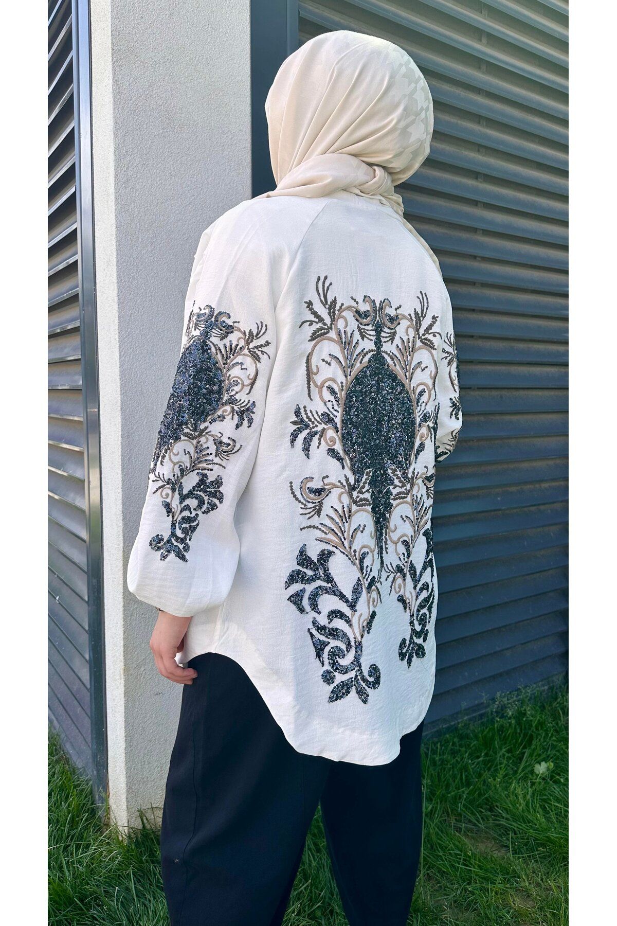 gacir GACİR Kadın Kimono Bluz Gömlek Beyaz Standart Beden Komple Pul Payet & Nakış İşlemeli İnce Oversize