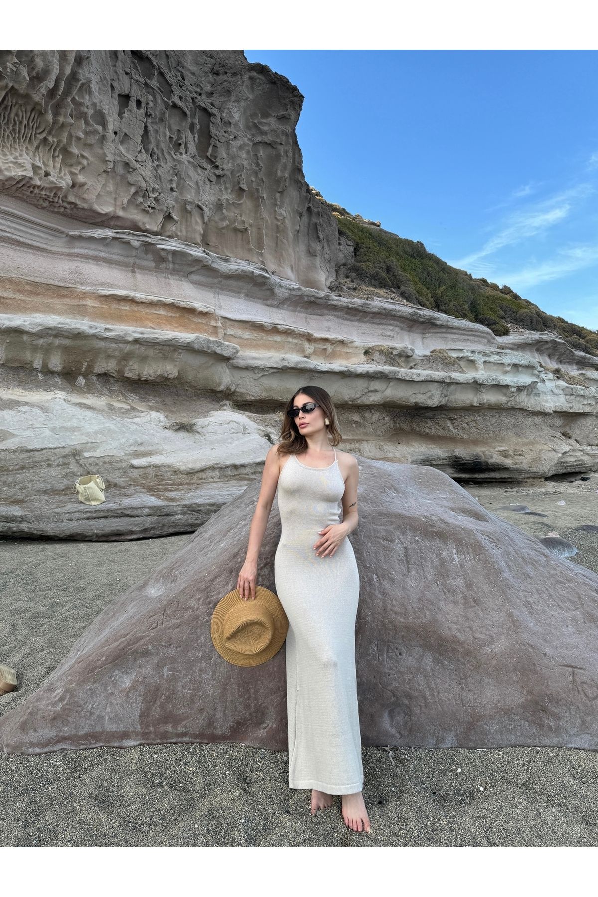 HW Hills Woman Kadın krem sırt dekolteli triko elbise