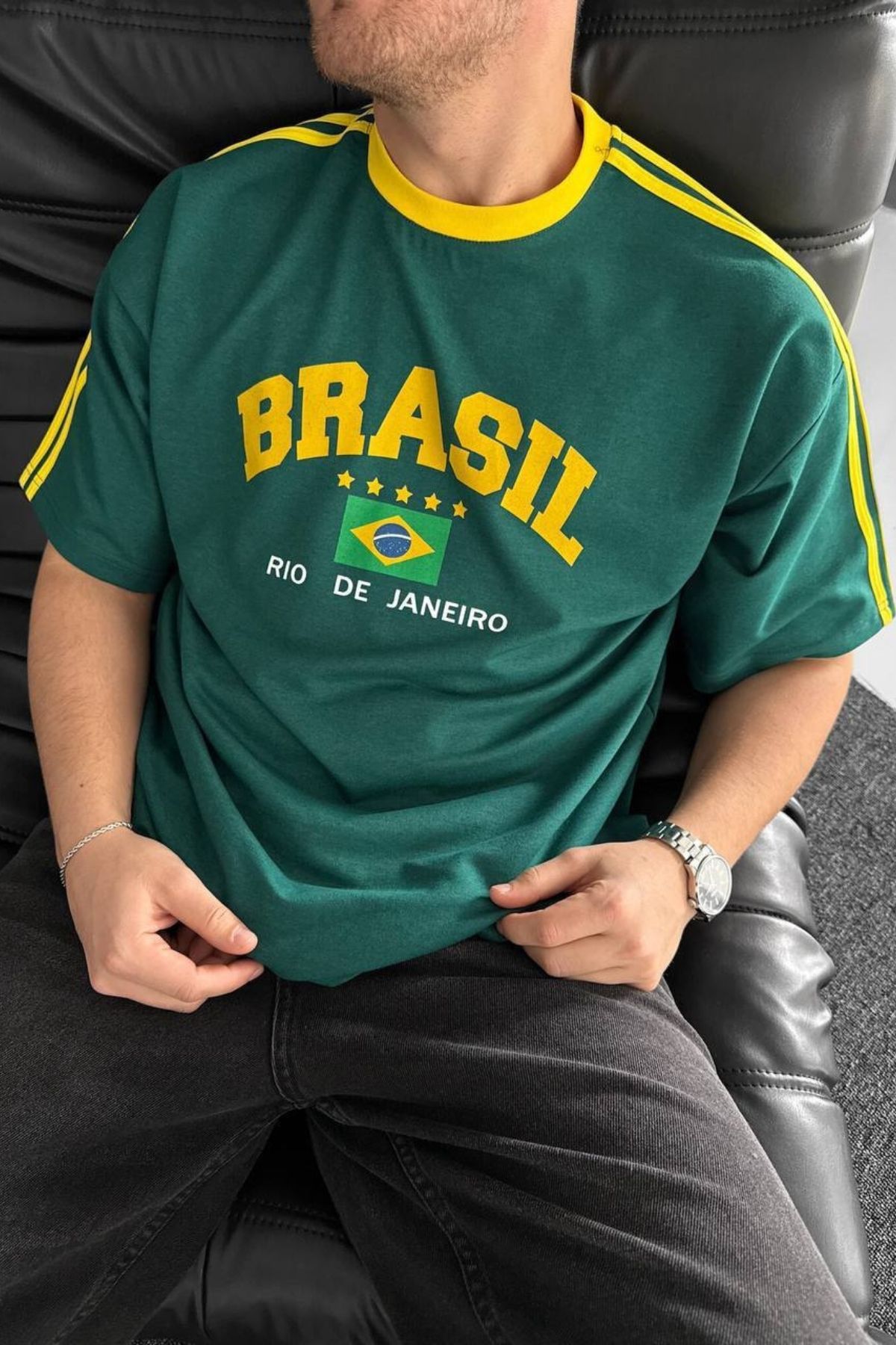Chirkef Unisex Oversize 100% Pamuk Premium Kumaş Baskılı Bisiklet Yaka Sokak Stili T-Shirt Futbol Brezilya