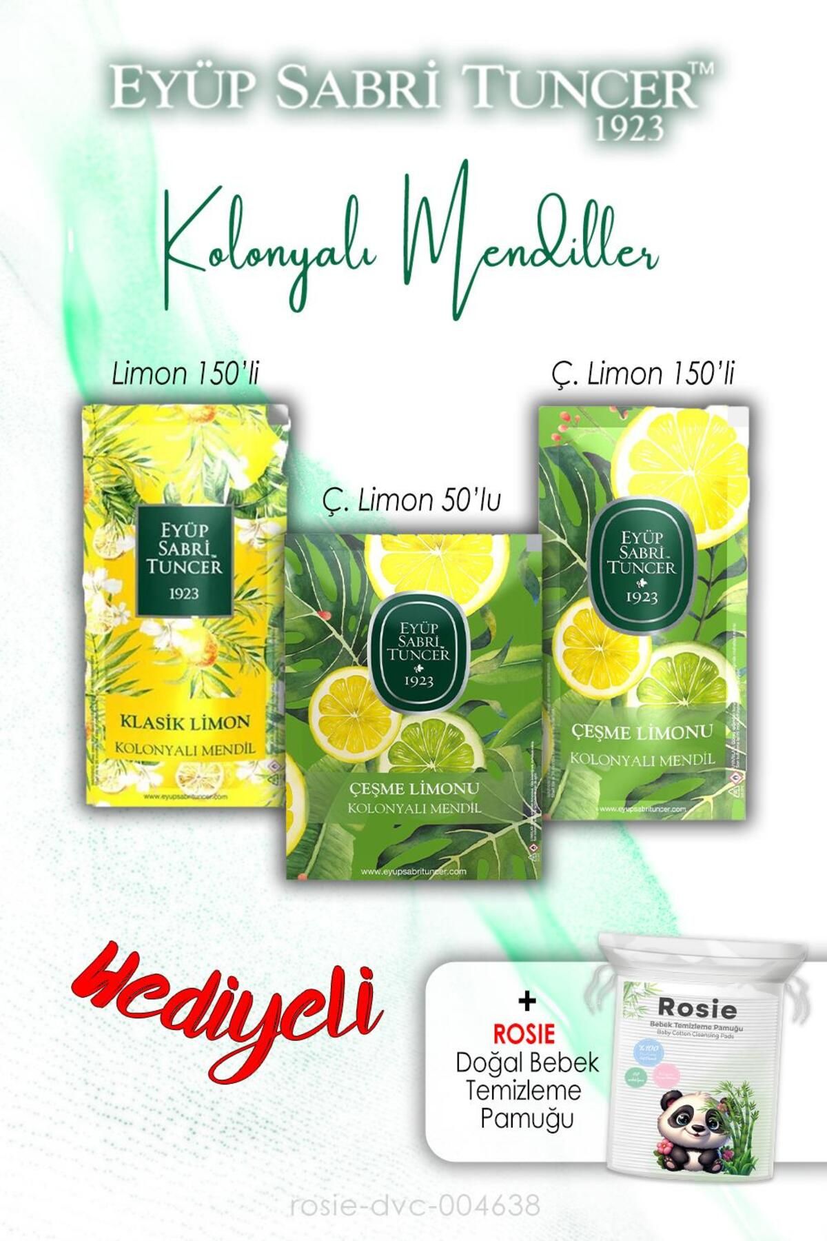 Eyüp Sabri Tuncer 3'lü Limon Aromalı 150li ve 50'li Kolonyalı Mendil ve ROSIE